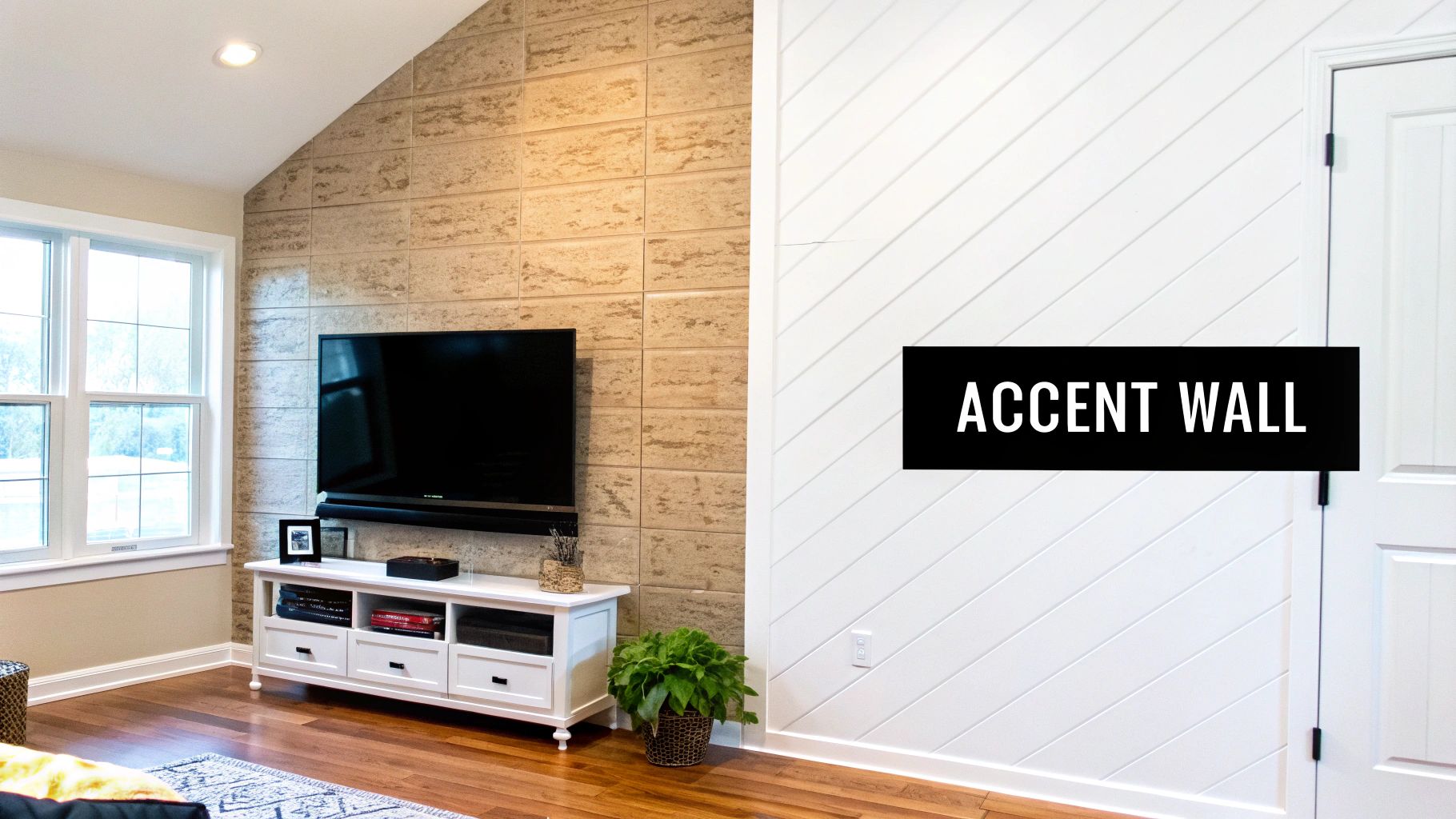 A cozy living room features a TV mounted on a textured accent wall and a white diagonal plank wall.