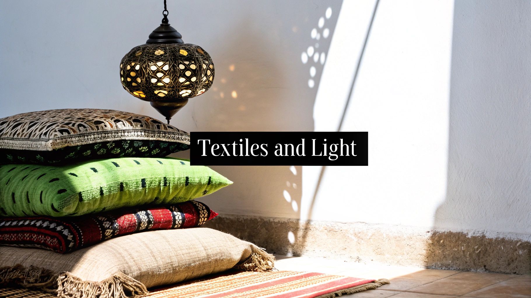 A stack of colorful, patterned pillows beneath an intricate Moroccan lantern casting decorative light on a white wall.