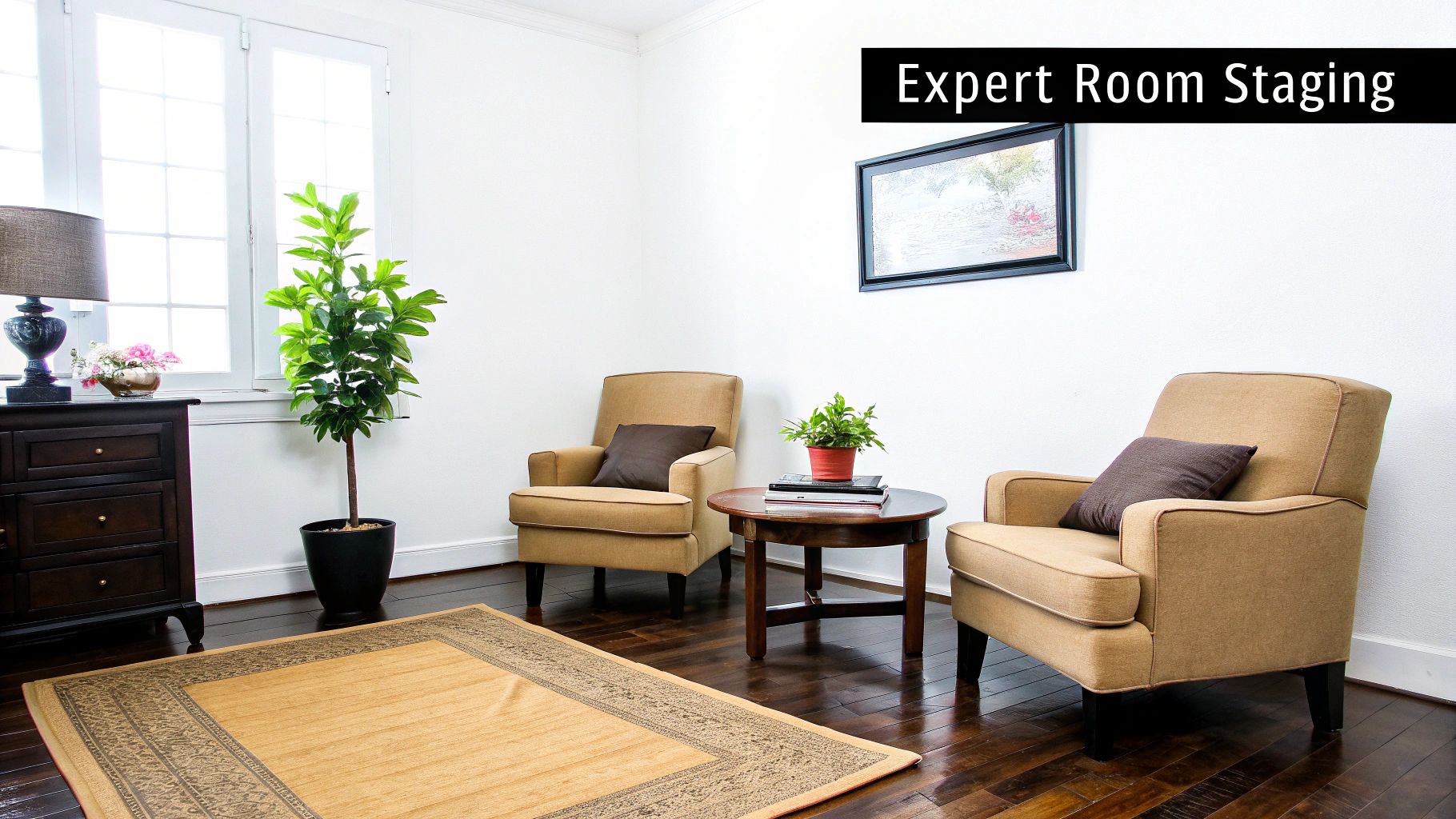 An elegantly staged living room with two comfortable armchairs, a dark wood dresser, and a plant.