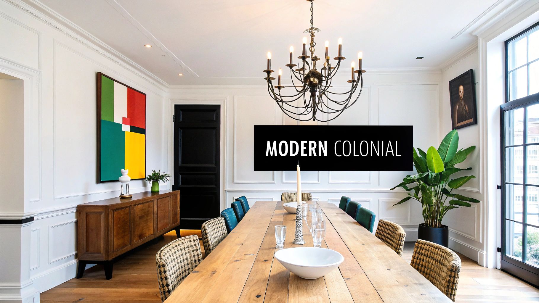A spacious modern colonial dining room with a long wooden table, elegant chandelier, and a vibrant abstract painting.
