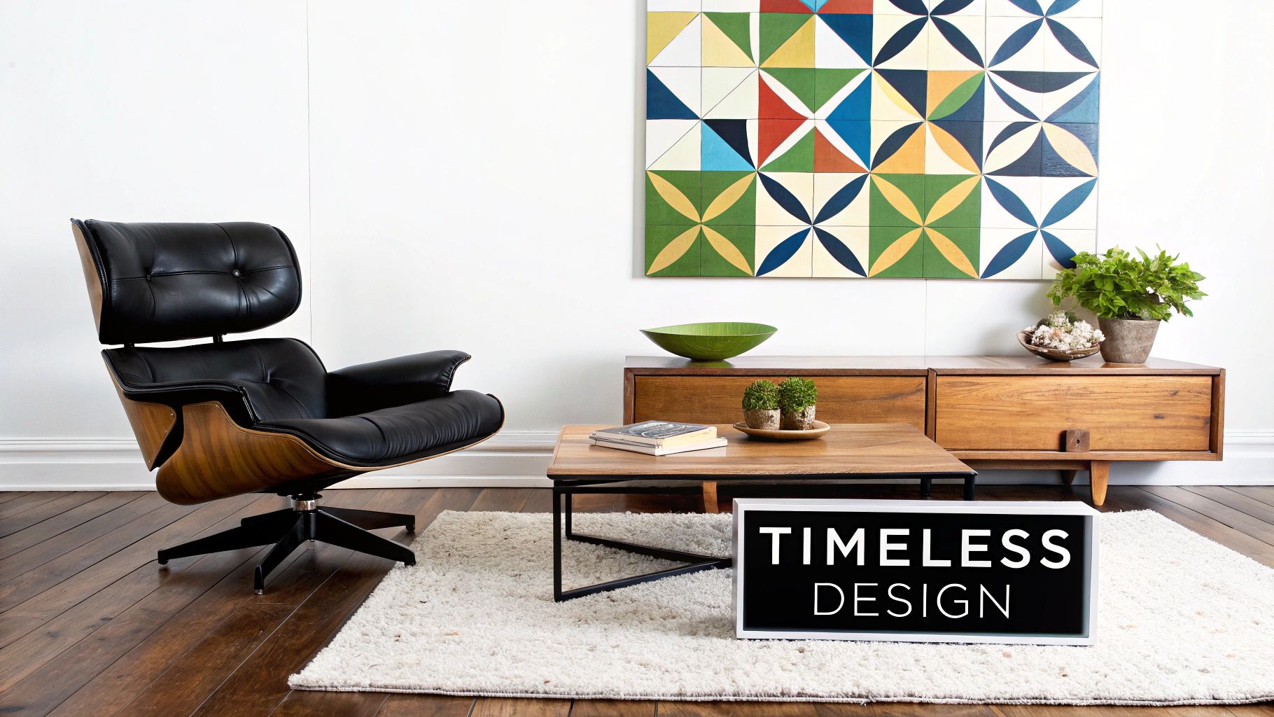 A chic living space with a black Eames lounge chair, wooden furniture, and vibrant abstract art.