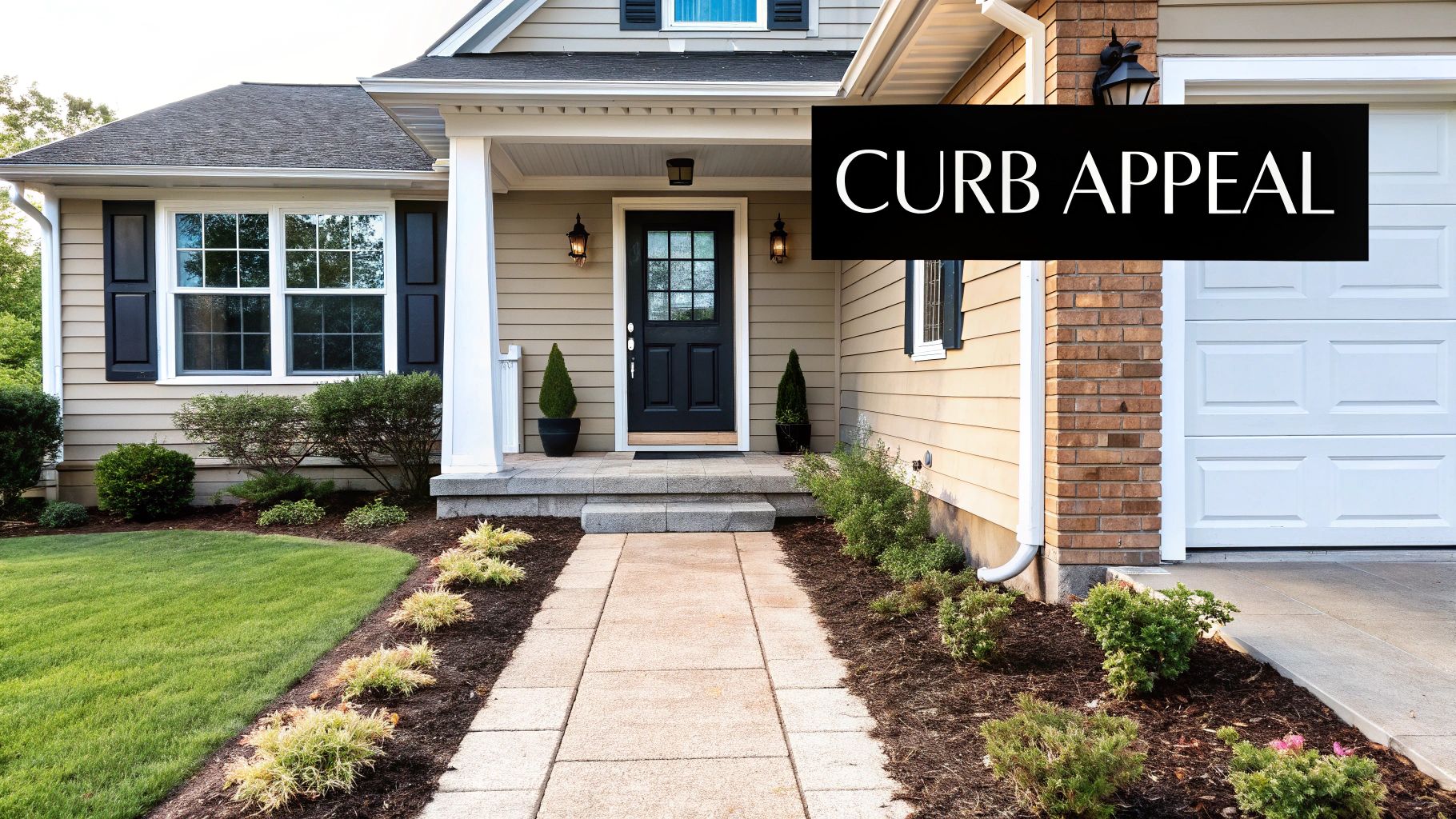 Front exterior of a house with neat landscaping, a paved walkway, a black front door, and a garage, showcasing curb appeal.