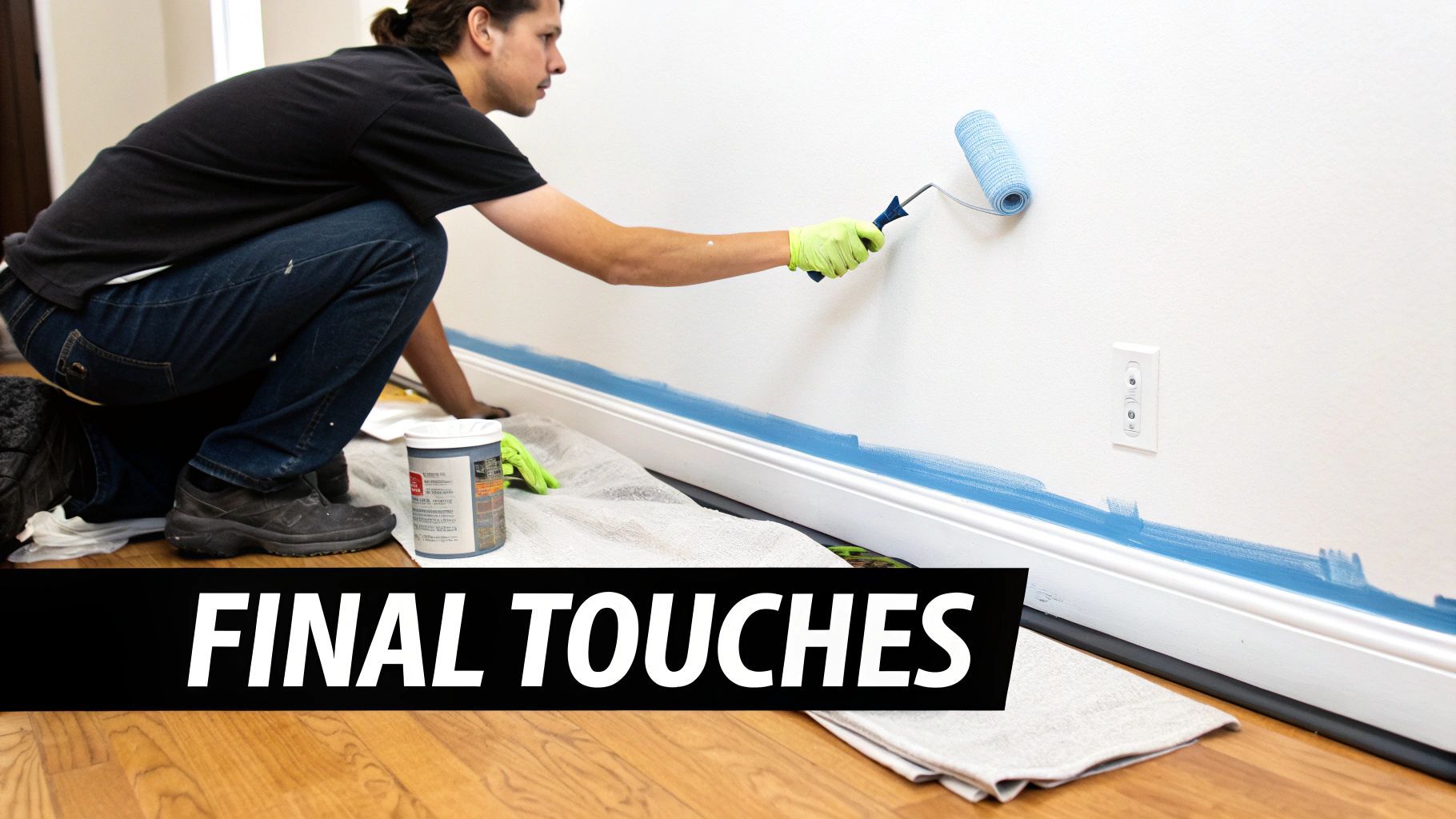 A man in green gloves paints a white wall blue near the baseboard with a roller.