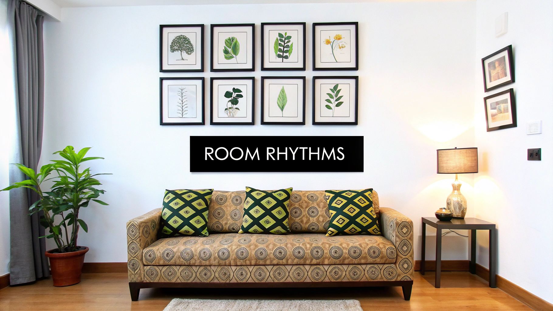 Modern living room featuring botanical wall art grid above patterned sofa with geometric cushions