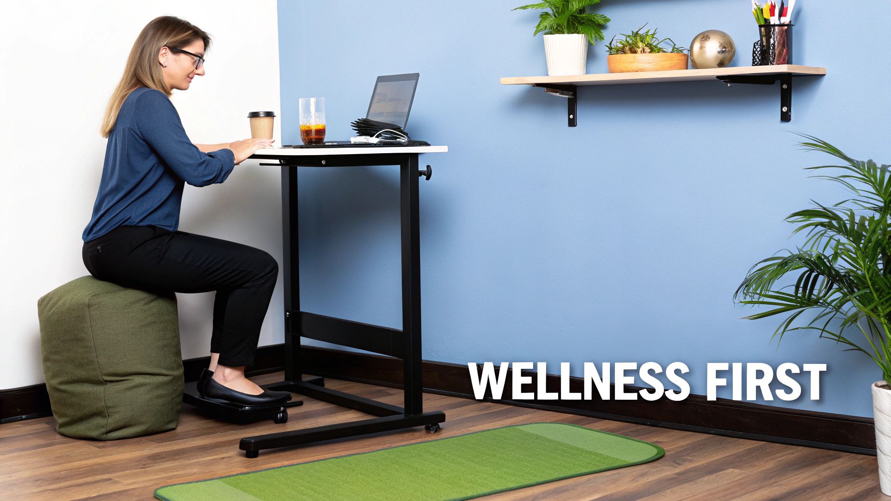 Woman working comfortably at a height-adjustable desk, sitting on a green pouf, with a footrest.