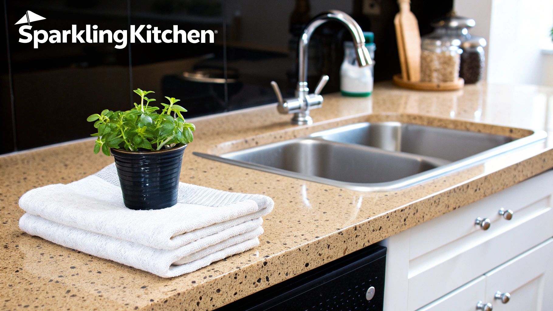 A clean, modern kitchen counter with a double sink, faucet, potted herb plant, and white towels.