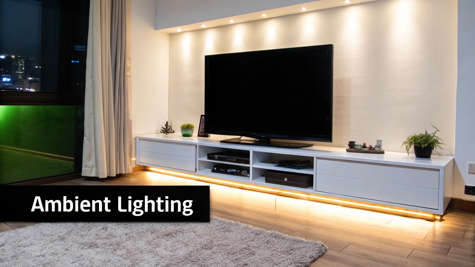 Modern TV room with large TV, white media console, and warm ambient LED lighting.