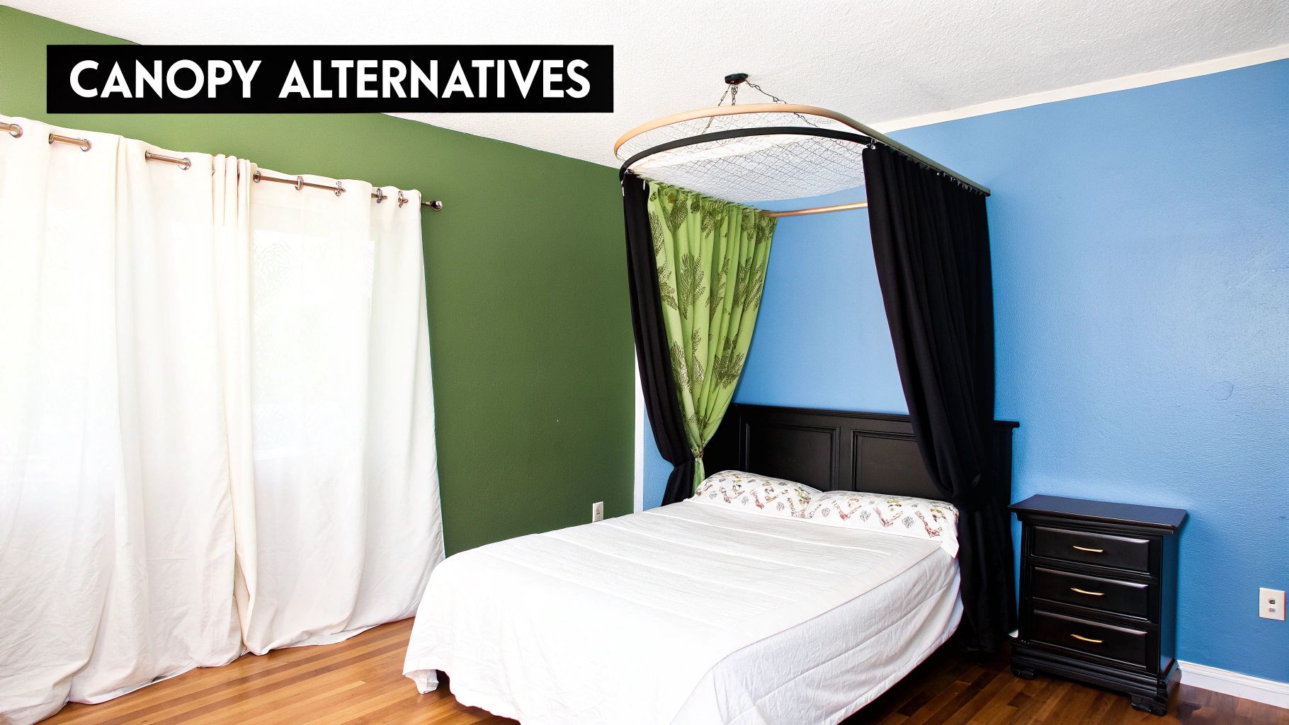 A vibrant bedroom showcasing a DIY canopy alternative above a bed, with green and blue walls.