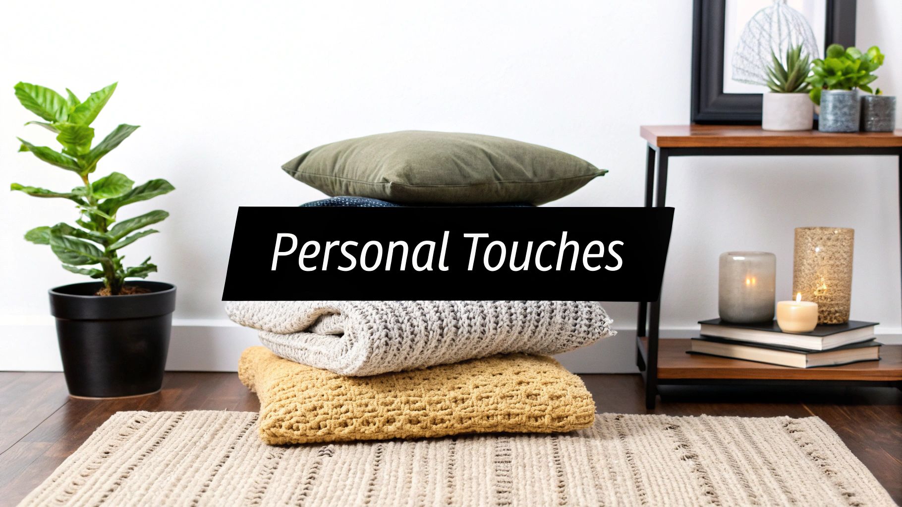 Cozy home decor display featuring textured pillows, knitted throw blankets, plants, and candles in neutral tones