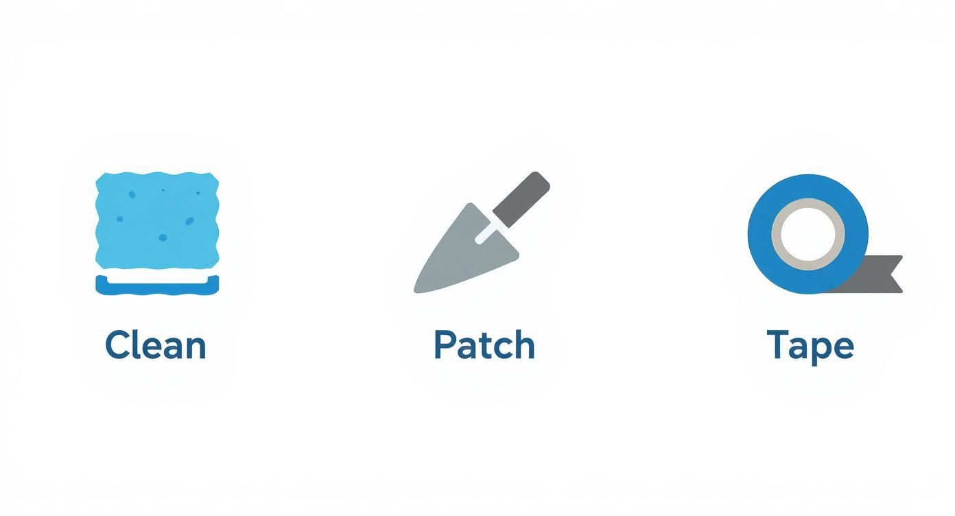 Three icons illustrating preparation steps: a sponge for clean, a trowel for patch, and a roll of tape.