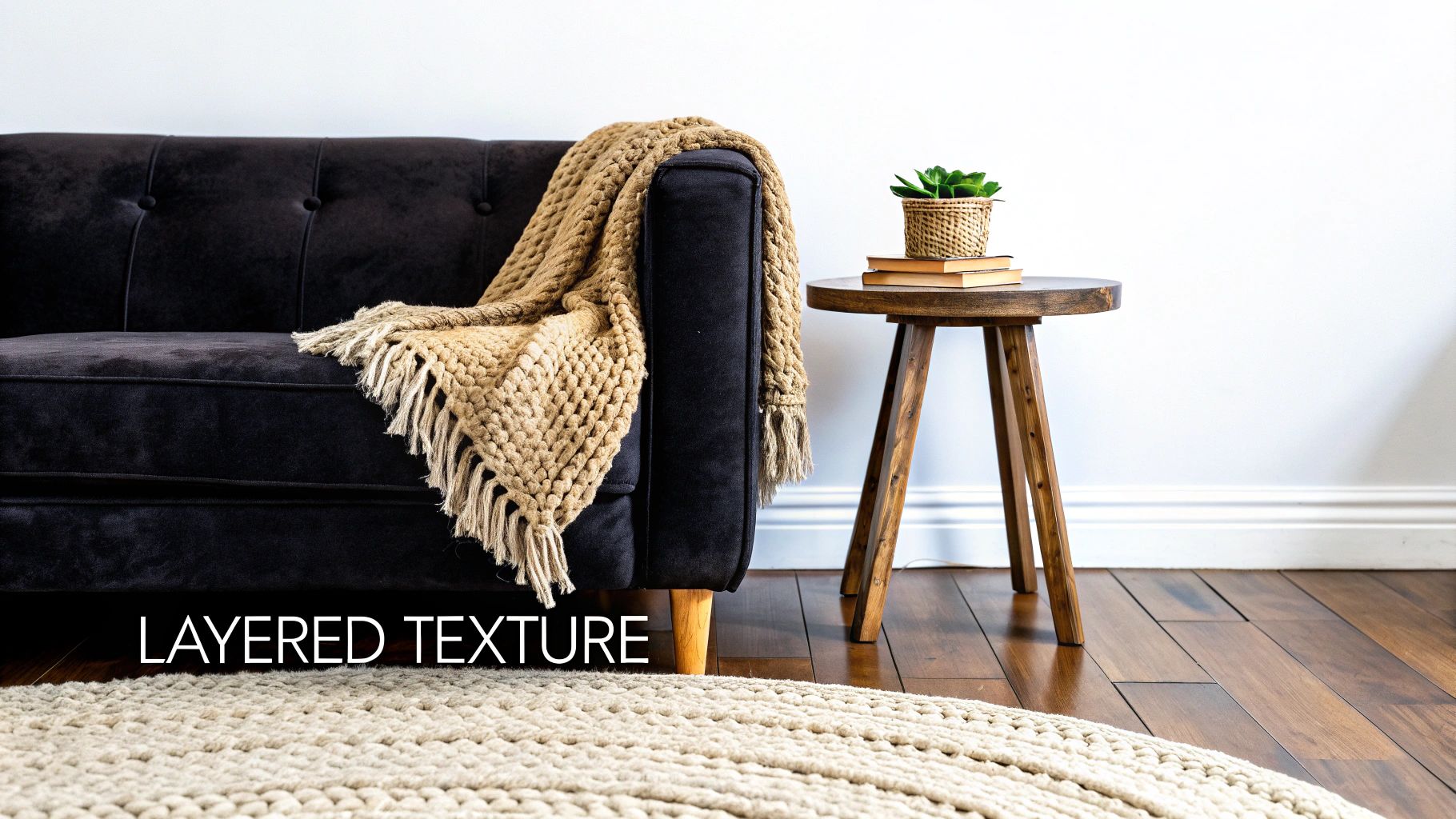 Living room with a fireplace as a focal point and layered lighting