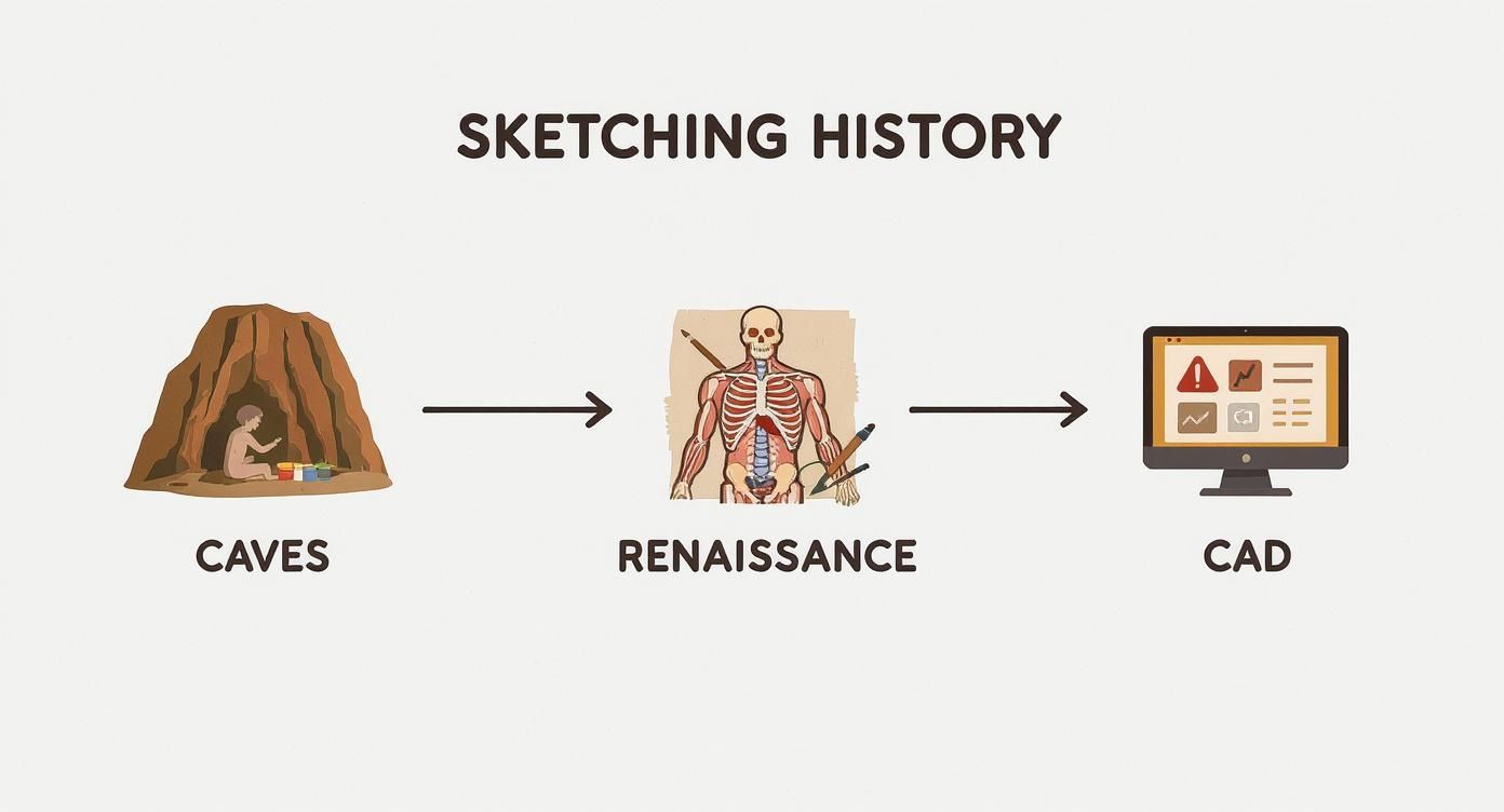 Evolution of sketching history from cave paintings to Renaissance anatomy and modern CAD software.