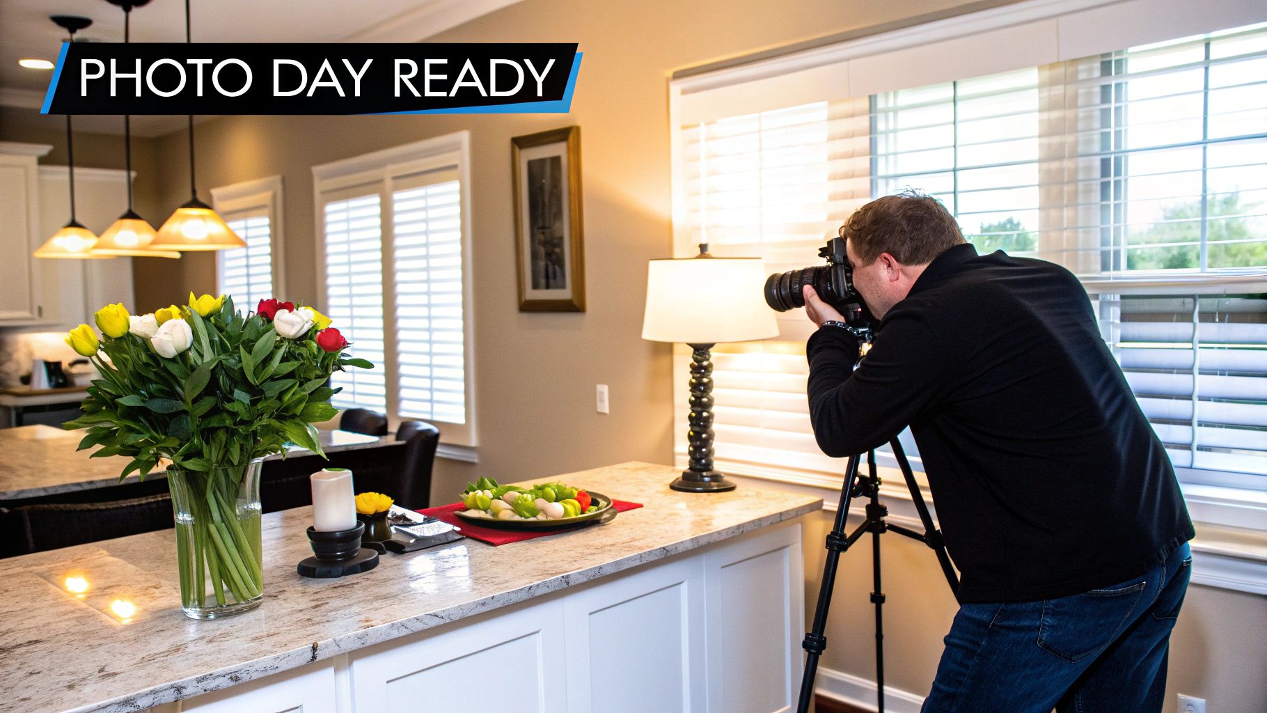 A photographer captures a beautifully staged kitchen counter with flowers and food for real estate photography.