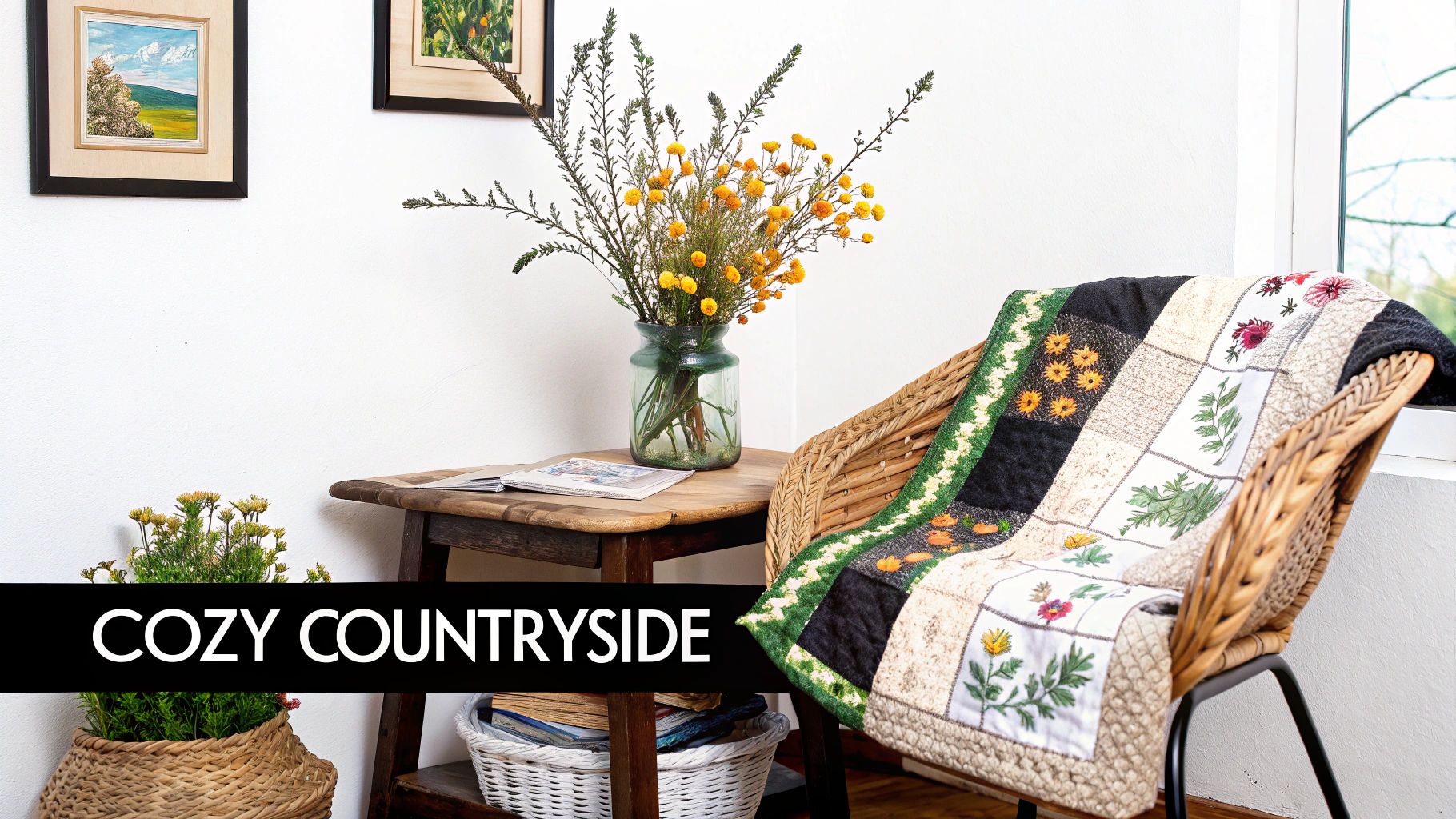 A cozy countryside room featuring a rattan chair with a floral quilt, a table with yellow flowers, and framed art.