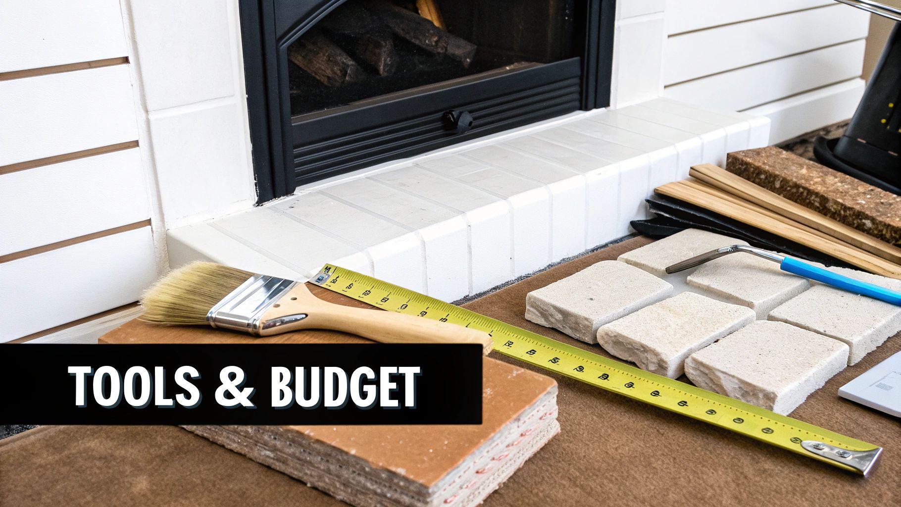 Tools and materials for a 70s stone fireplace makeover, including a paintbrush, measuring tape, and stone tiles.