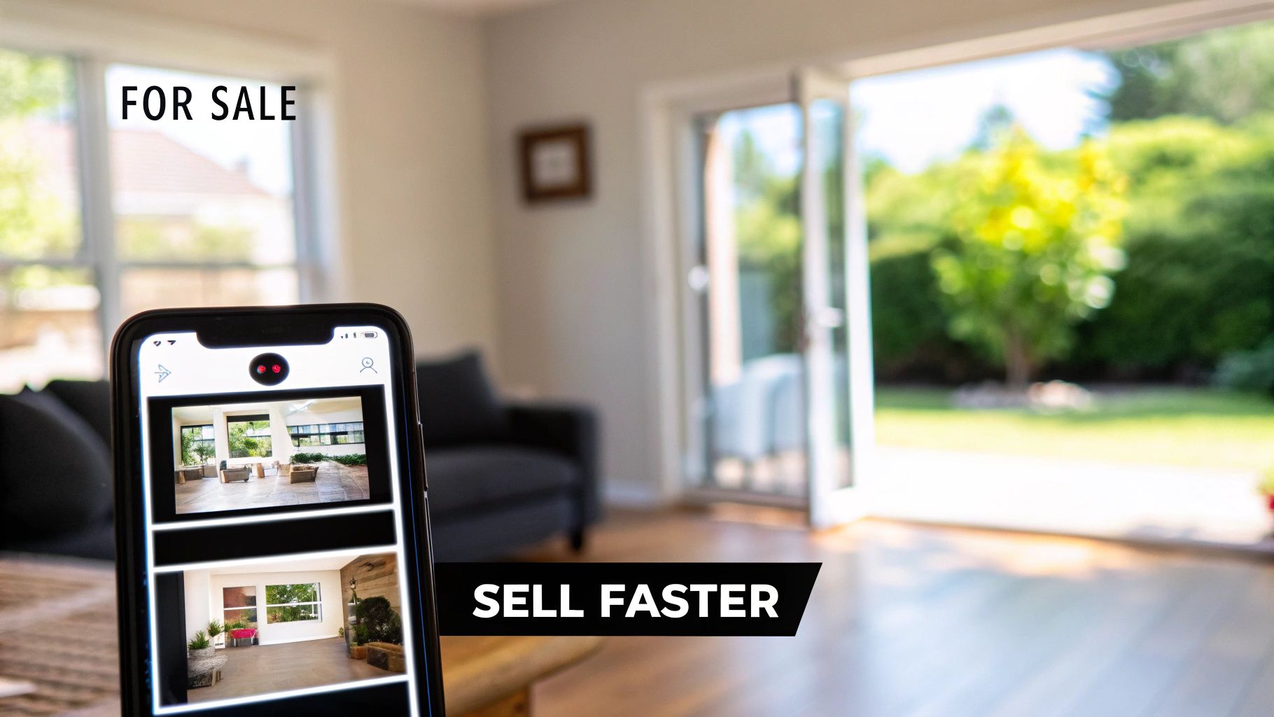 Smartphone displaying interior home images, promoting property sales with 'FOR SALE' and 'SELL FASTER' text.