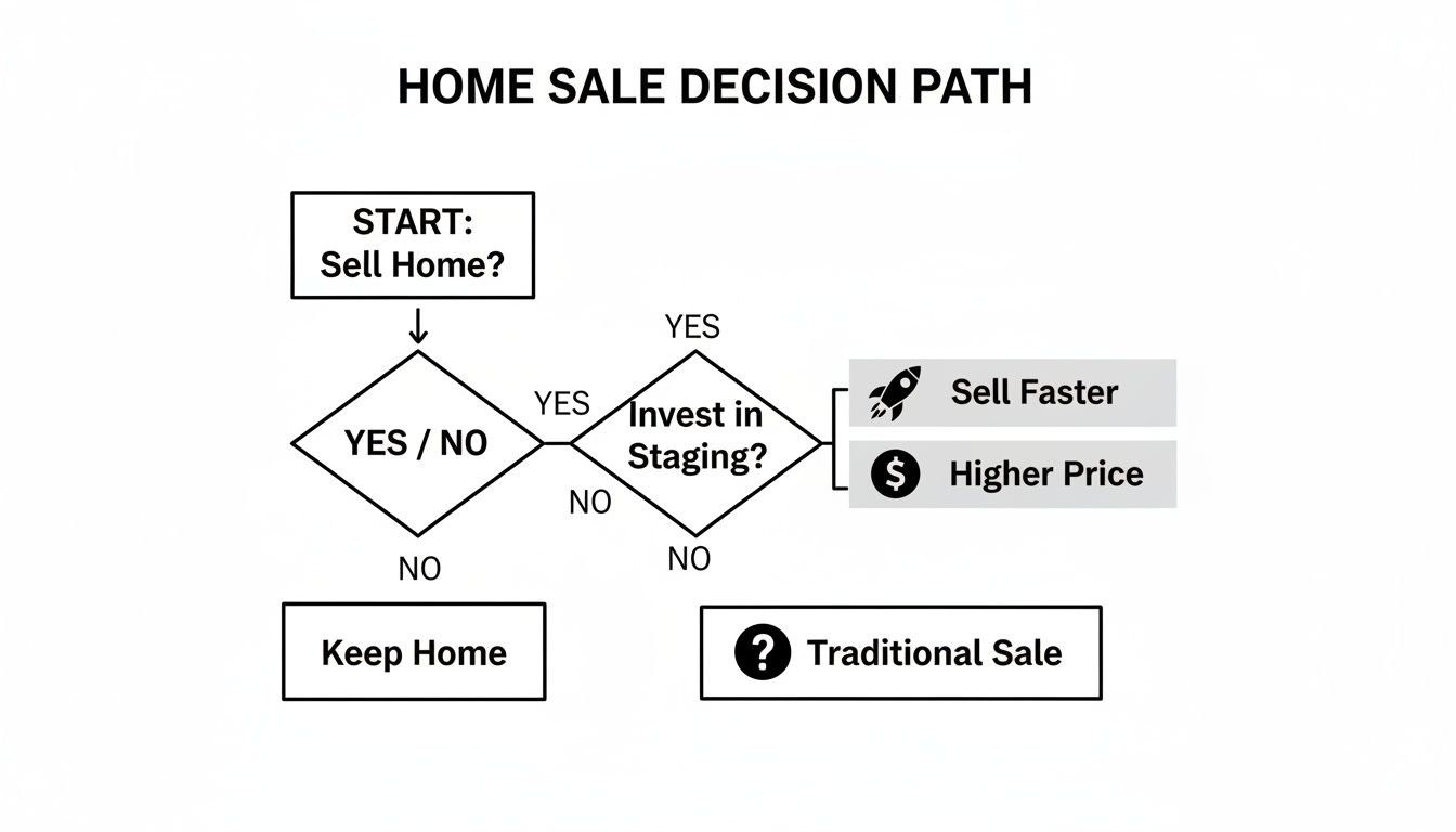 Flowchart showing the home sale decision path, comparing staging benefits to a traditional sale.