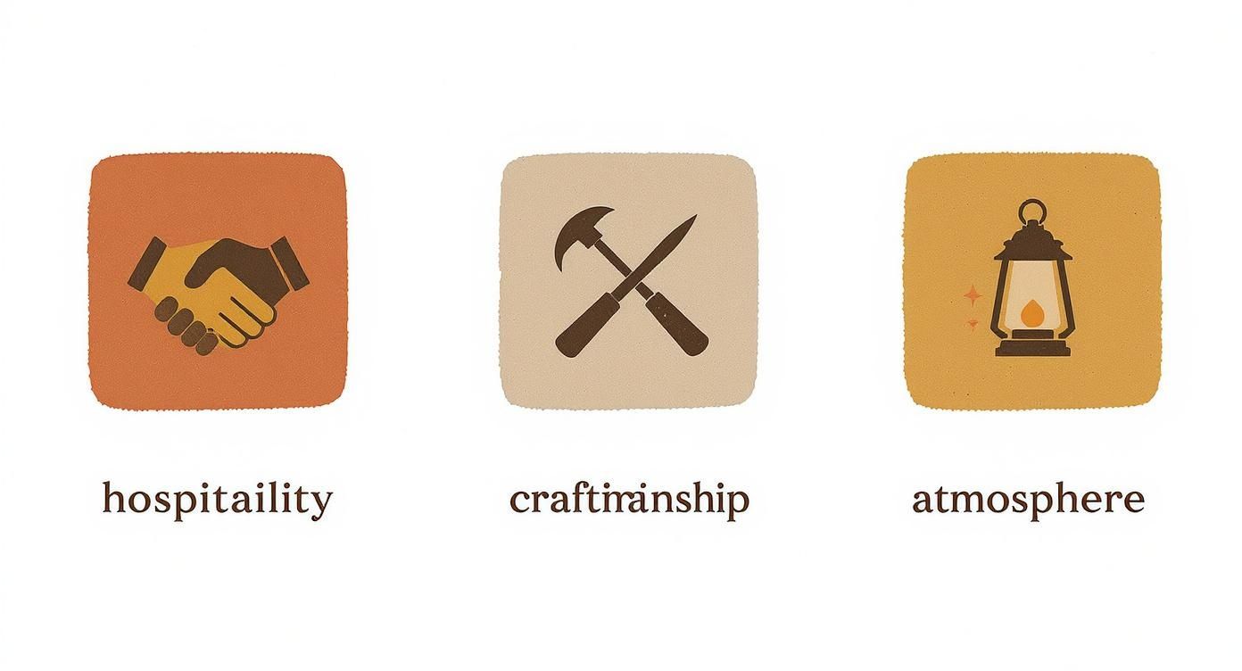 Three illustrated icons representing hospitality (handshake), craftsmanship (tools), and a glowing lantern for atmosphere.