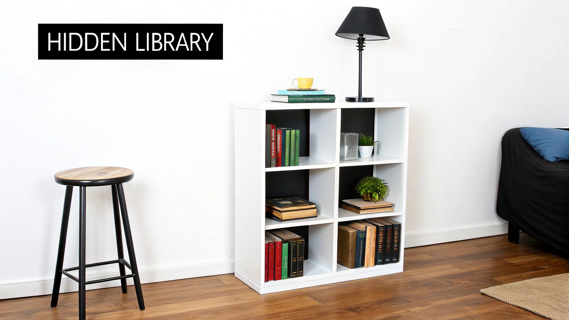 A stylish closet converted into a bookcase with organized books and decor.