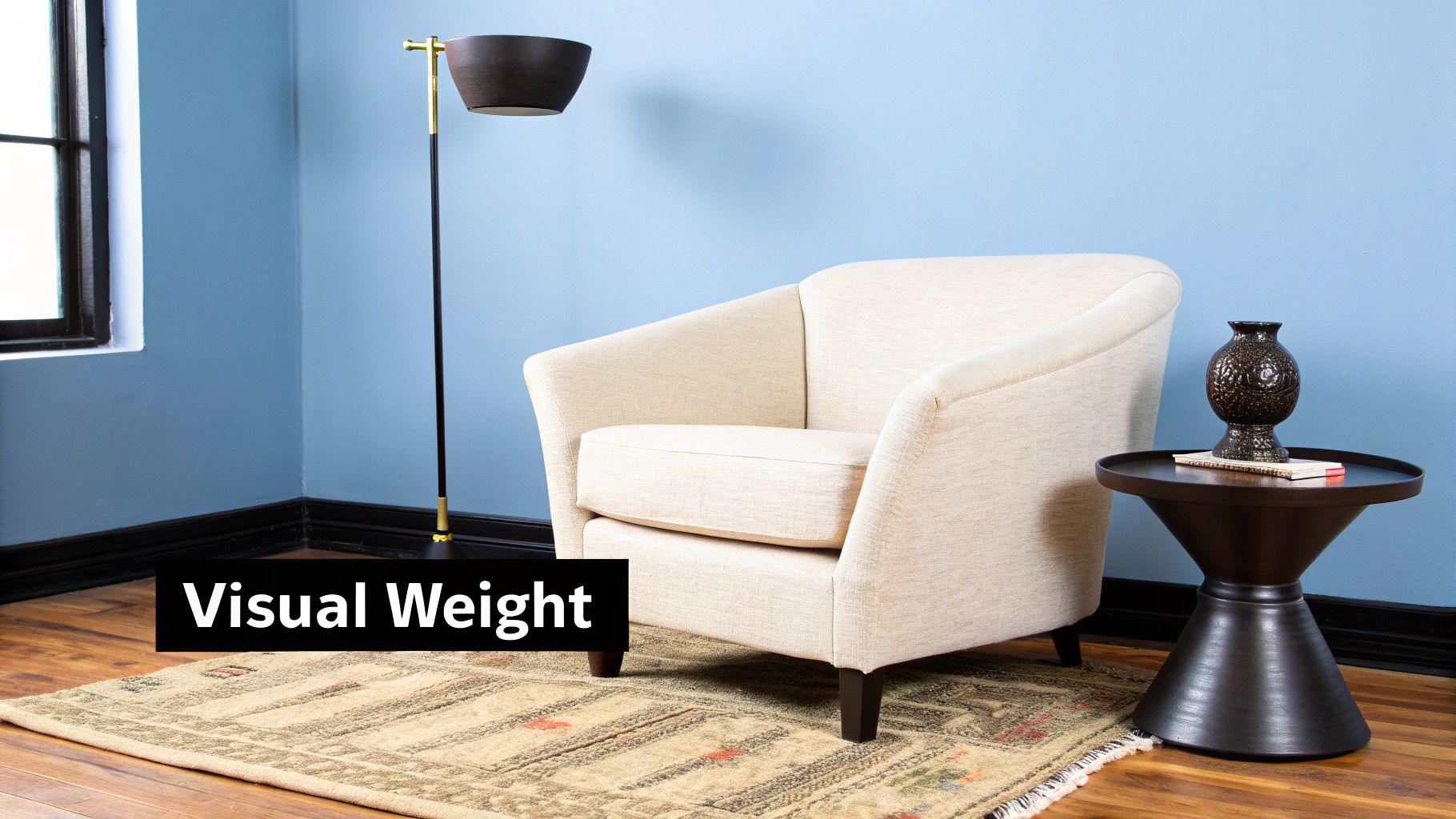 A cozy living room corner with a beige armchair, floor lamp, side table, and patterned rug.