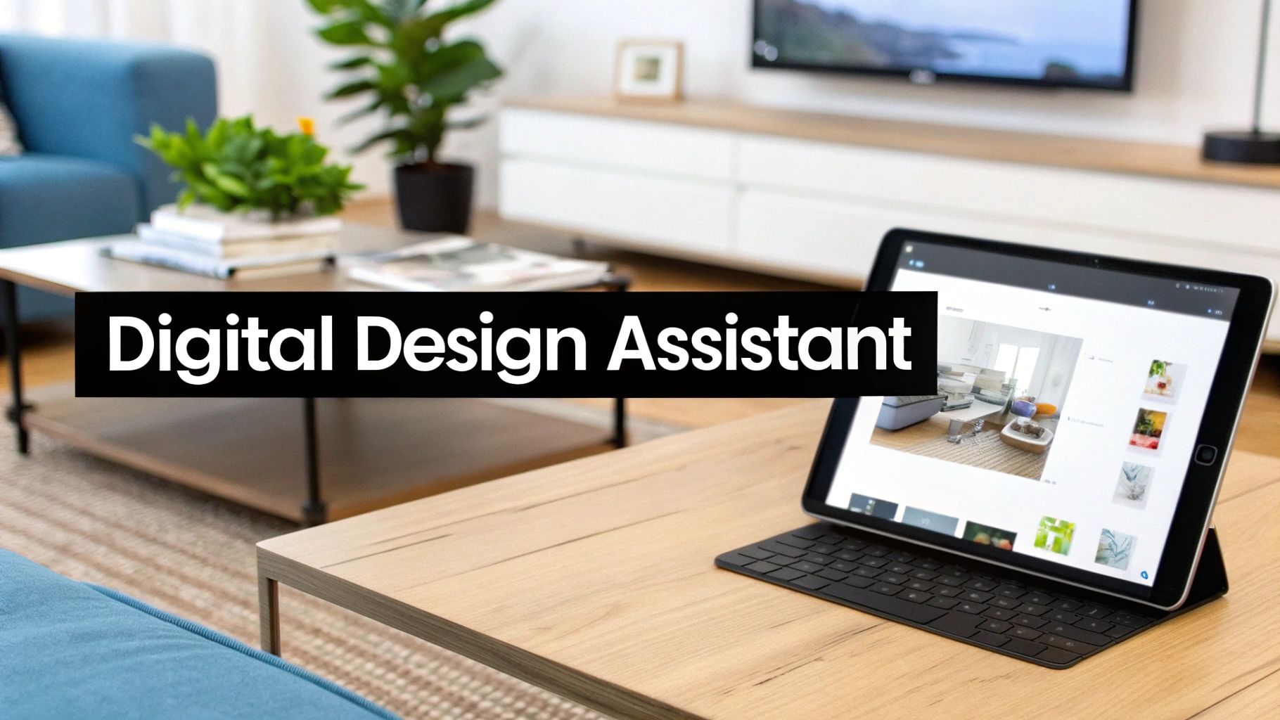 Digital Design Assistant text overlaying a modern living room with a tablet showing interior design concepts.