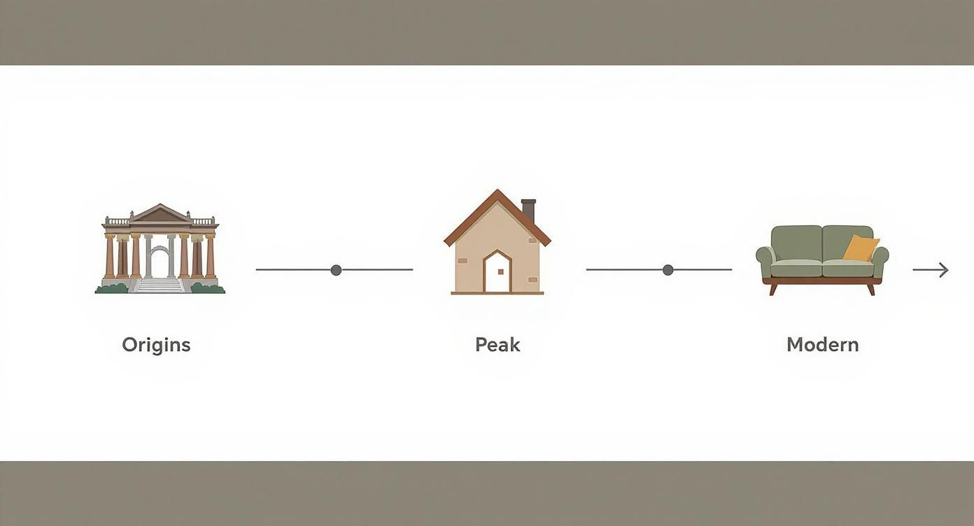 Timeline graphic showing progression from classical building (Origins) to house (Peak) and sofa (Modern).