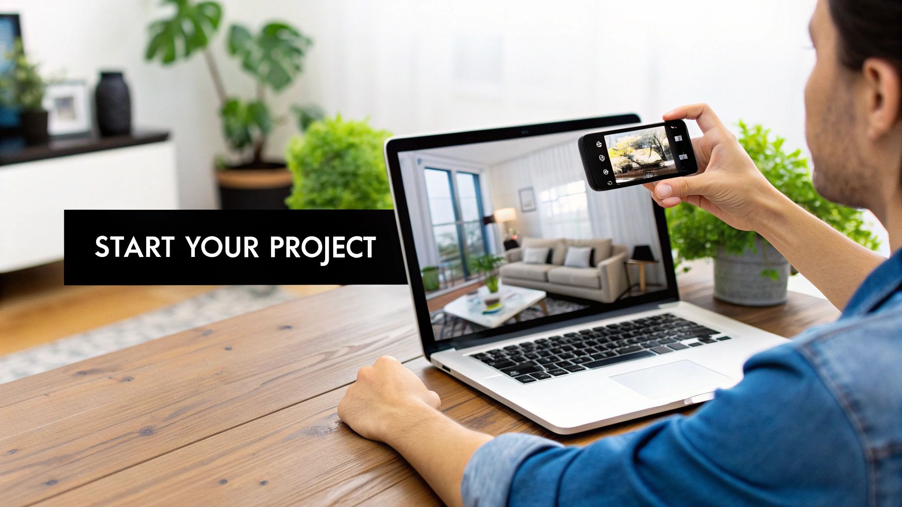 A person uses a laptop and smartphone to view interior designs, with 'START YOUR PROJECT' text.