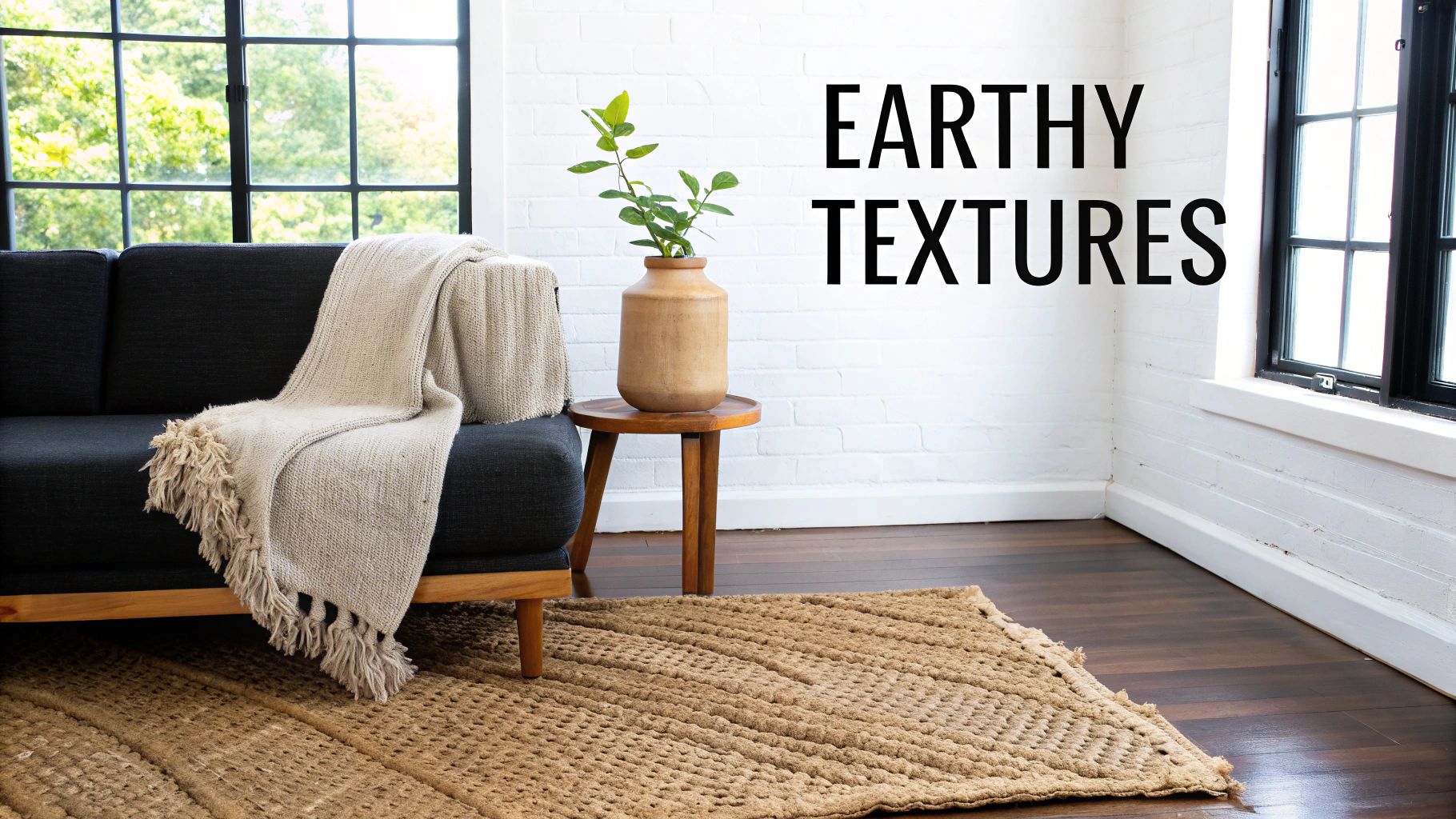 Modern boho living room featuring natural jute rug, dark sofa with throw blanket, and earthy textures