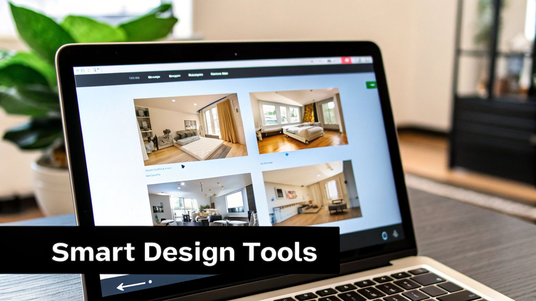 A laptop displays various AI-generated interior design concepts for modern rooms, featuring 'Smart Design Tools'.