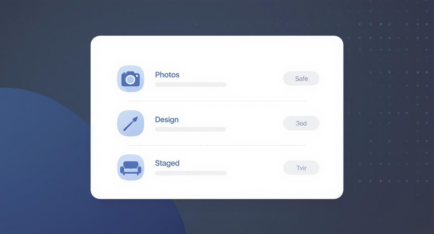 A white card displays categories: Photos with a camera icon, Design with a paintbrush, and Staged with a sofa icon.