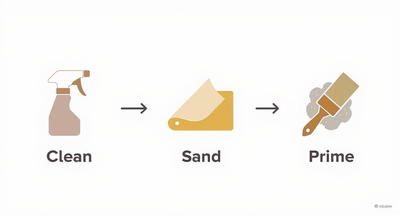Three-step furniture preparation process: clean with spray bottle, sand with sandpaper, then prime with a brush.