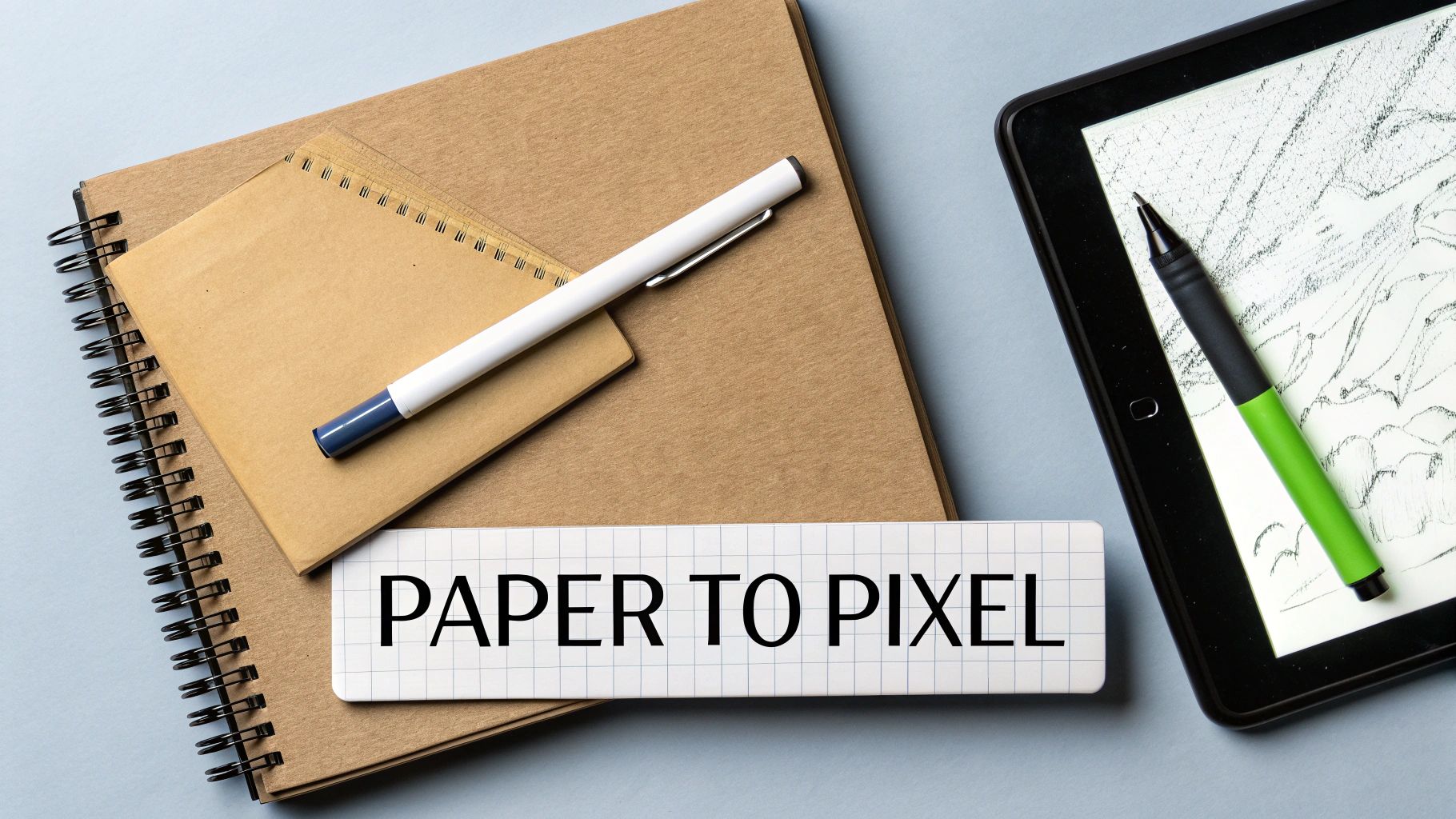 A top-down view of notebooks, pens, and a digital tablet with a drawing, featuring a 'PAPER TO PIXEL' card.