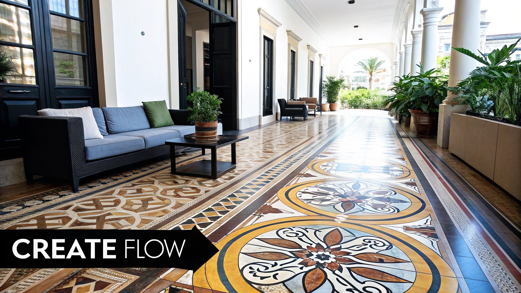 Elegant hotel corridor featuring ornate patterned tile flooring with repeating medallion designs creating visual rhythm
