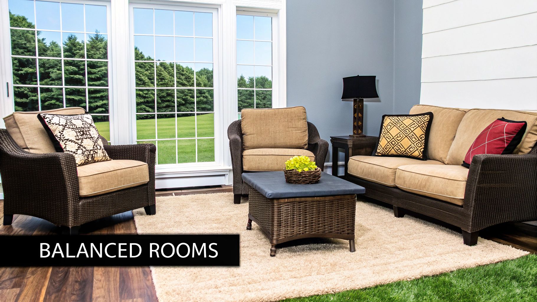A cozy outdoor patio or sunroom featuring dark brown wicker furniture with tan cushions and decorative pillows, looking out to green trees.
