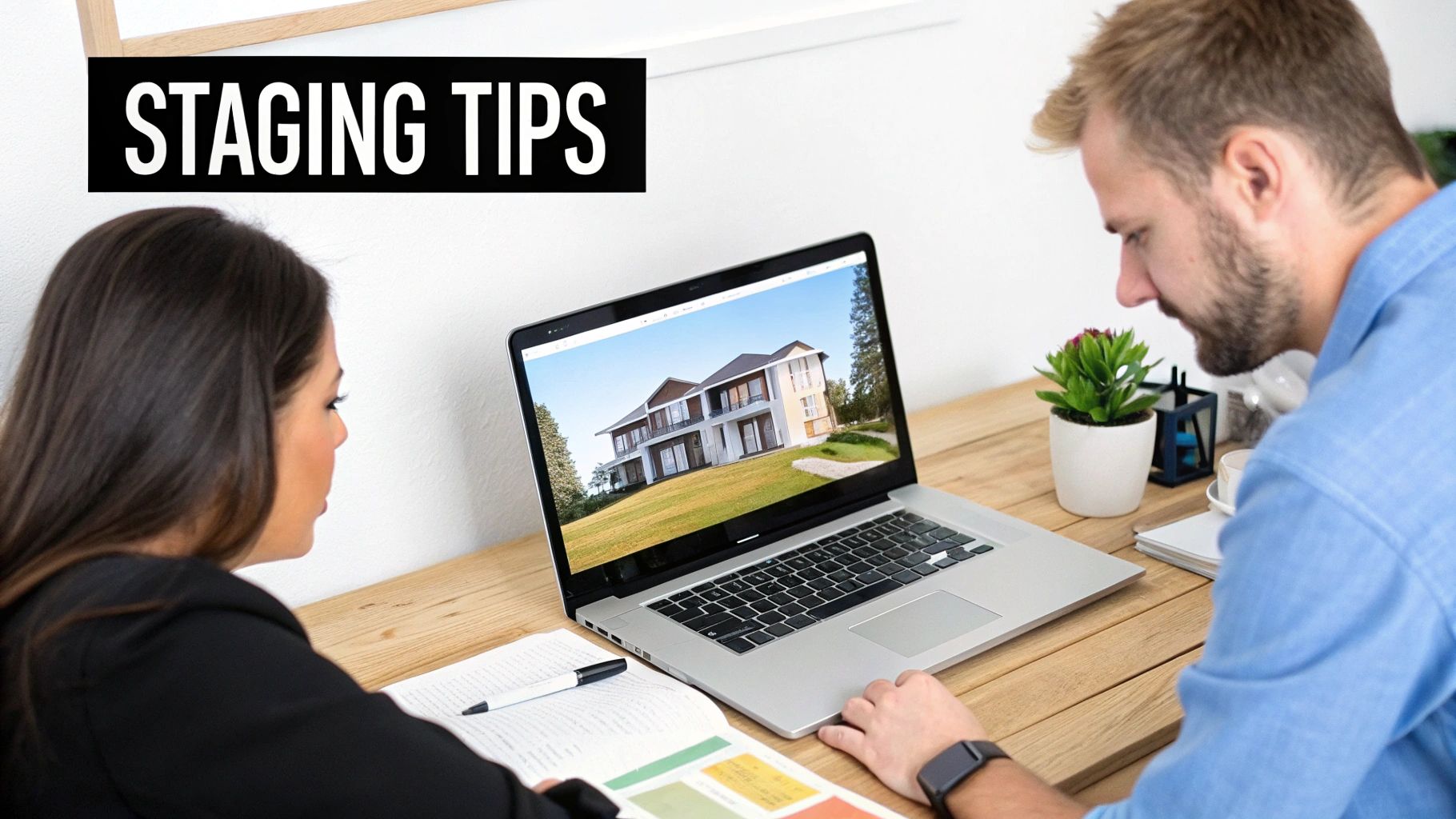 Two real estate agents discuss staging tips, looking at a modern house on a laptop screen.