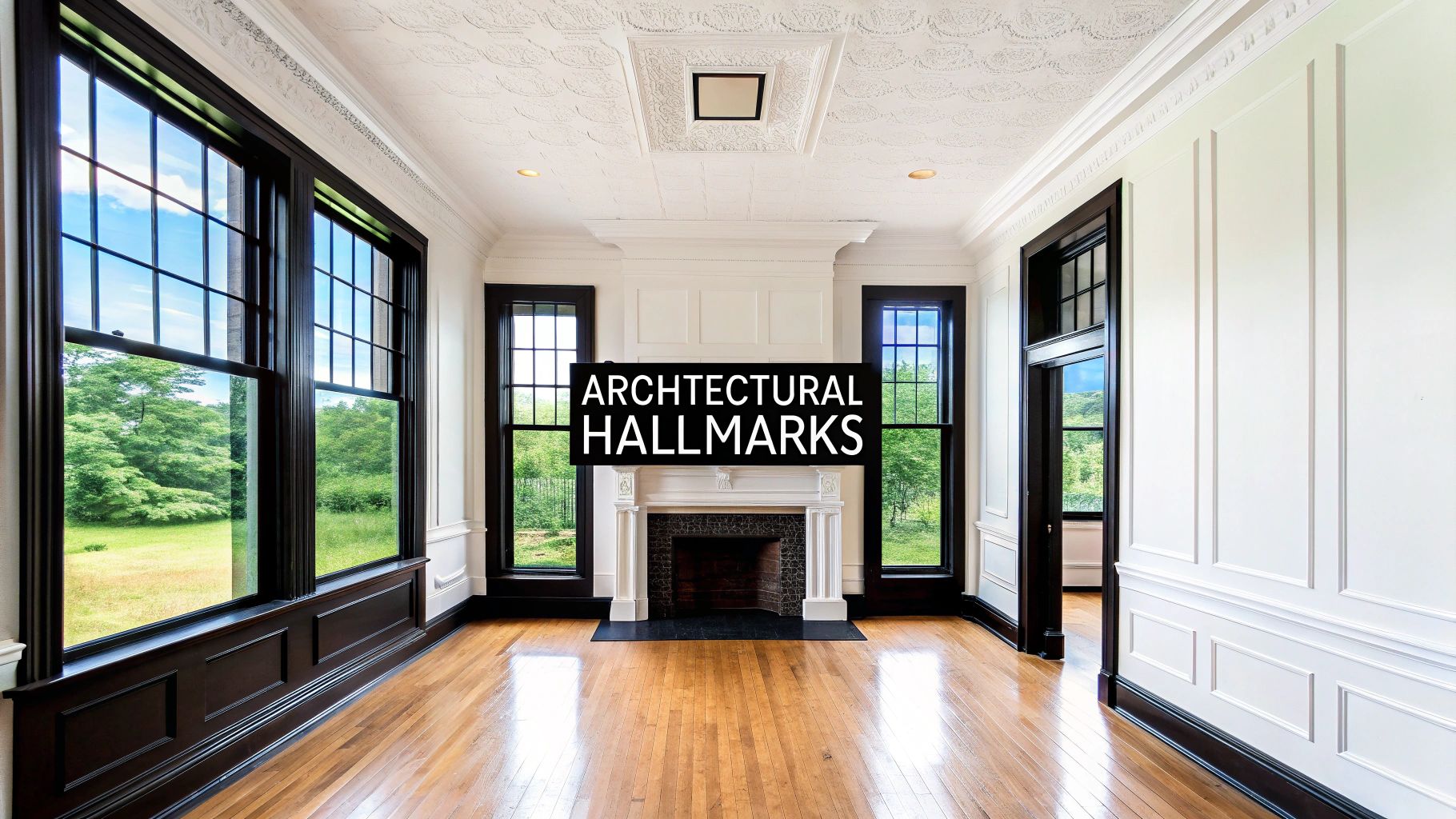 A grand empty room with dark trim, large windows, a fireplace, and an ornate ceiling.