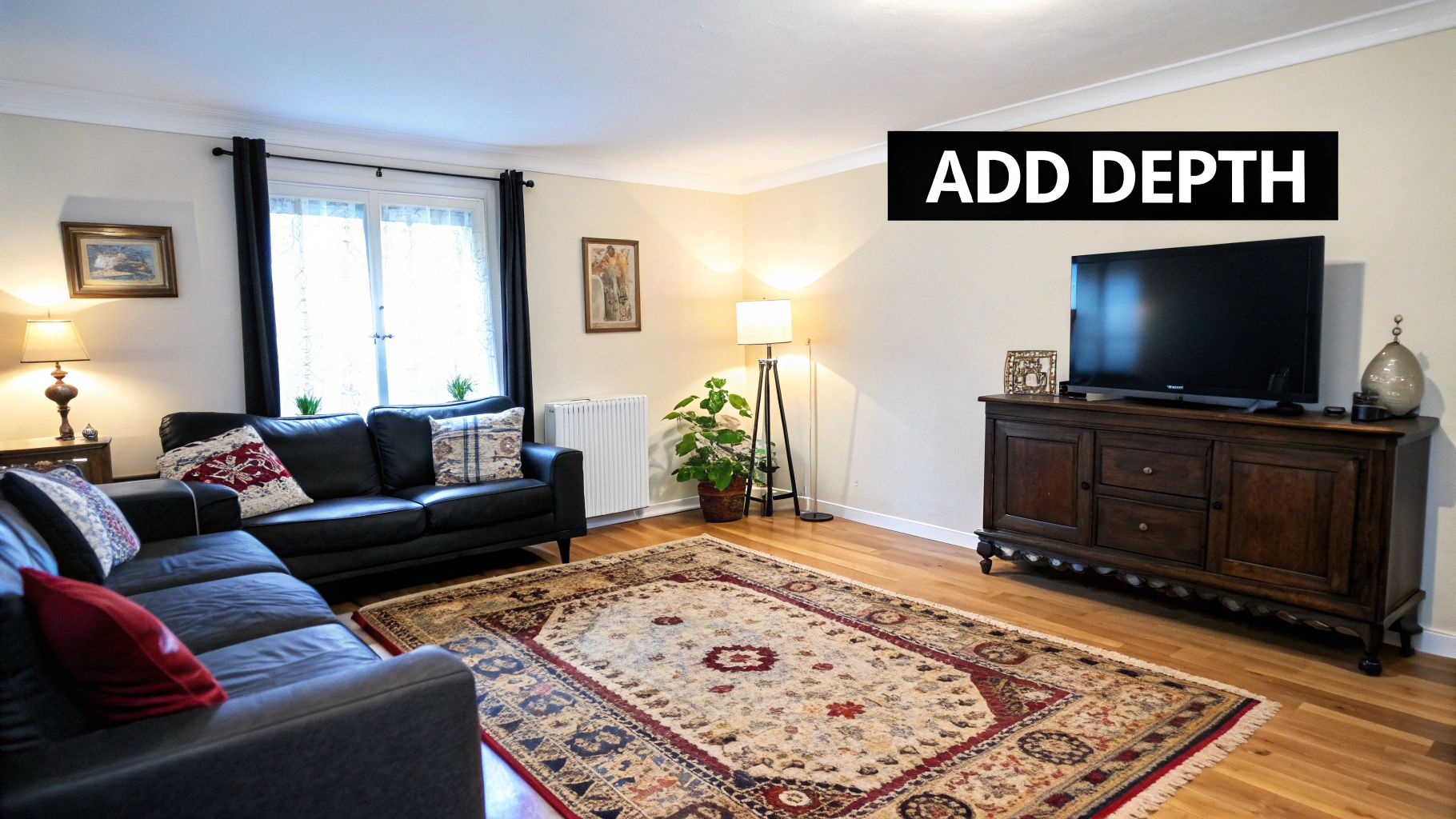 Modern living room with black leather sofas, traditional rug, and wood media console demonstrating interior design depth