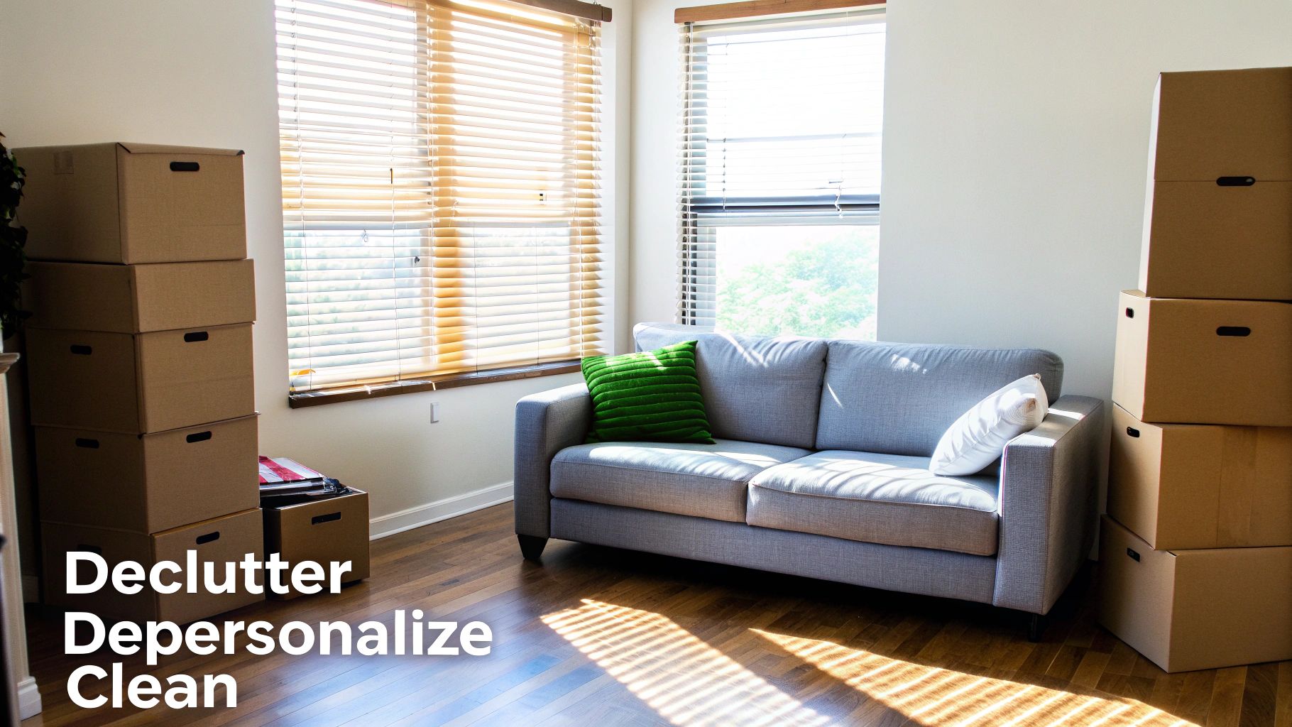 A staged living room with a grey sofa, windows, and stacks of moving boxes on hardwood floors.