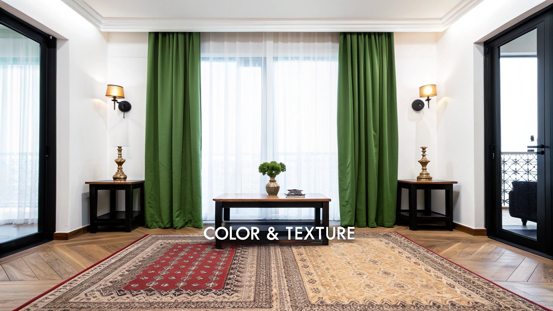 Symmetrical interior design with green curtains, matching side tables, and centered window arrangement