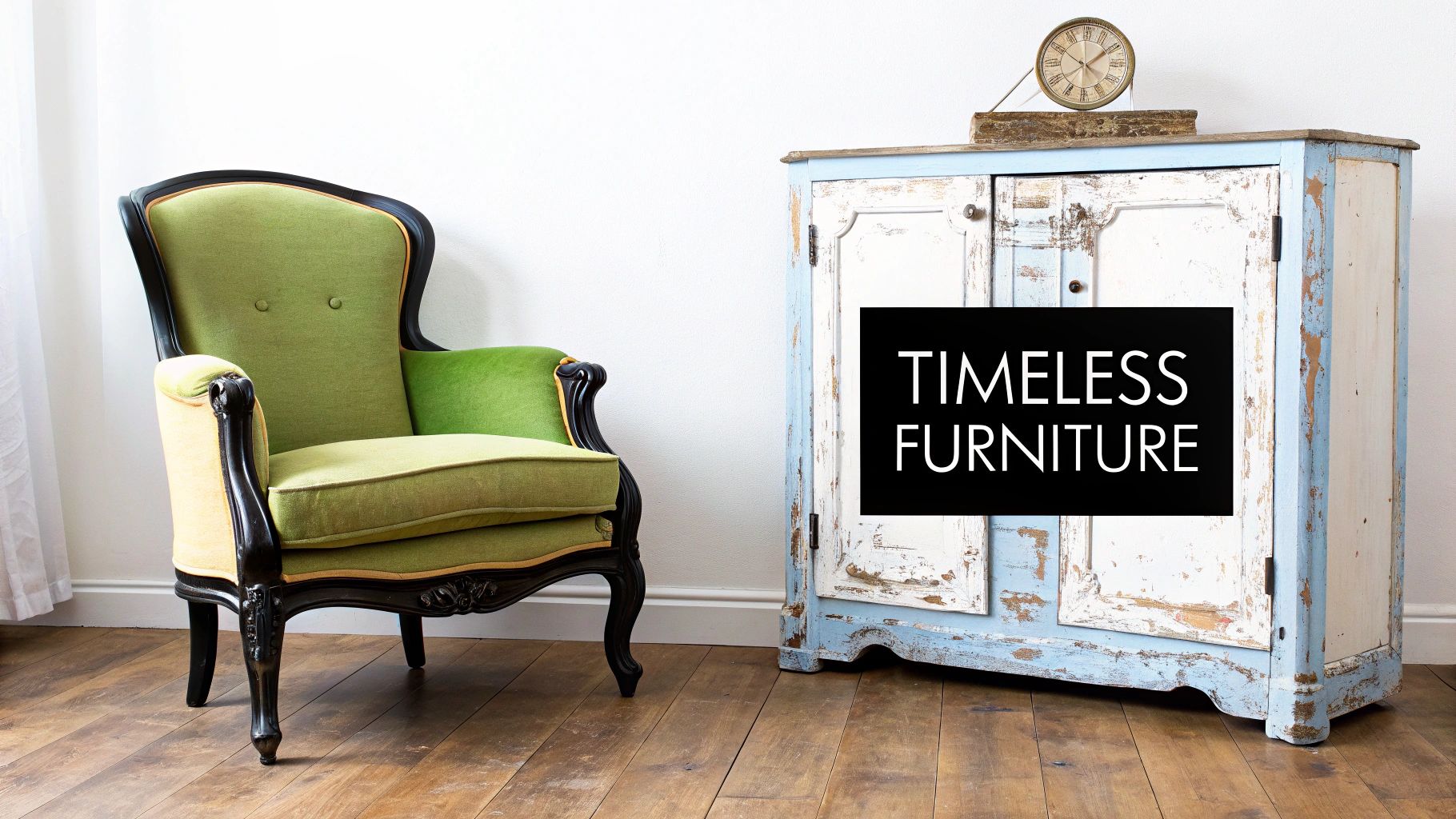A vintage green upholstered armchair sits next to a distressed blue and white wooden cabinet with an antique clock.