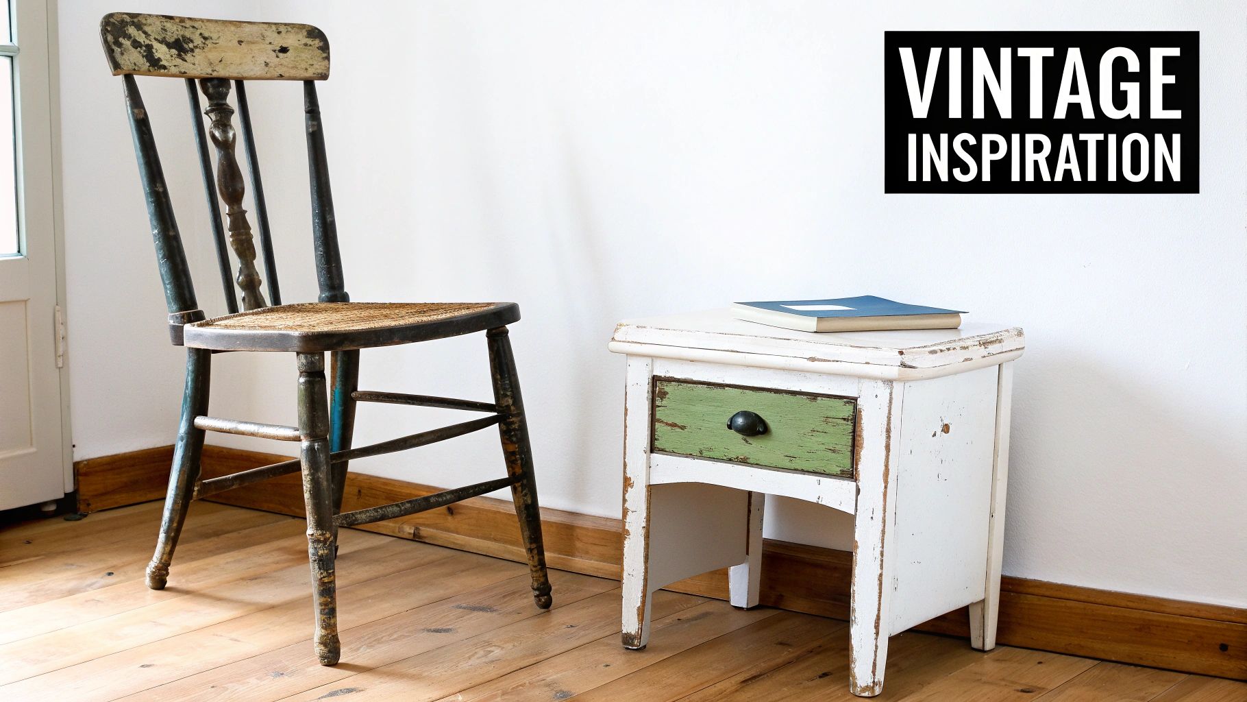 A distressed wooden chair with a woven seat and a shabby chic side table on a wooden floor.