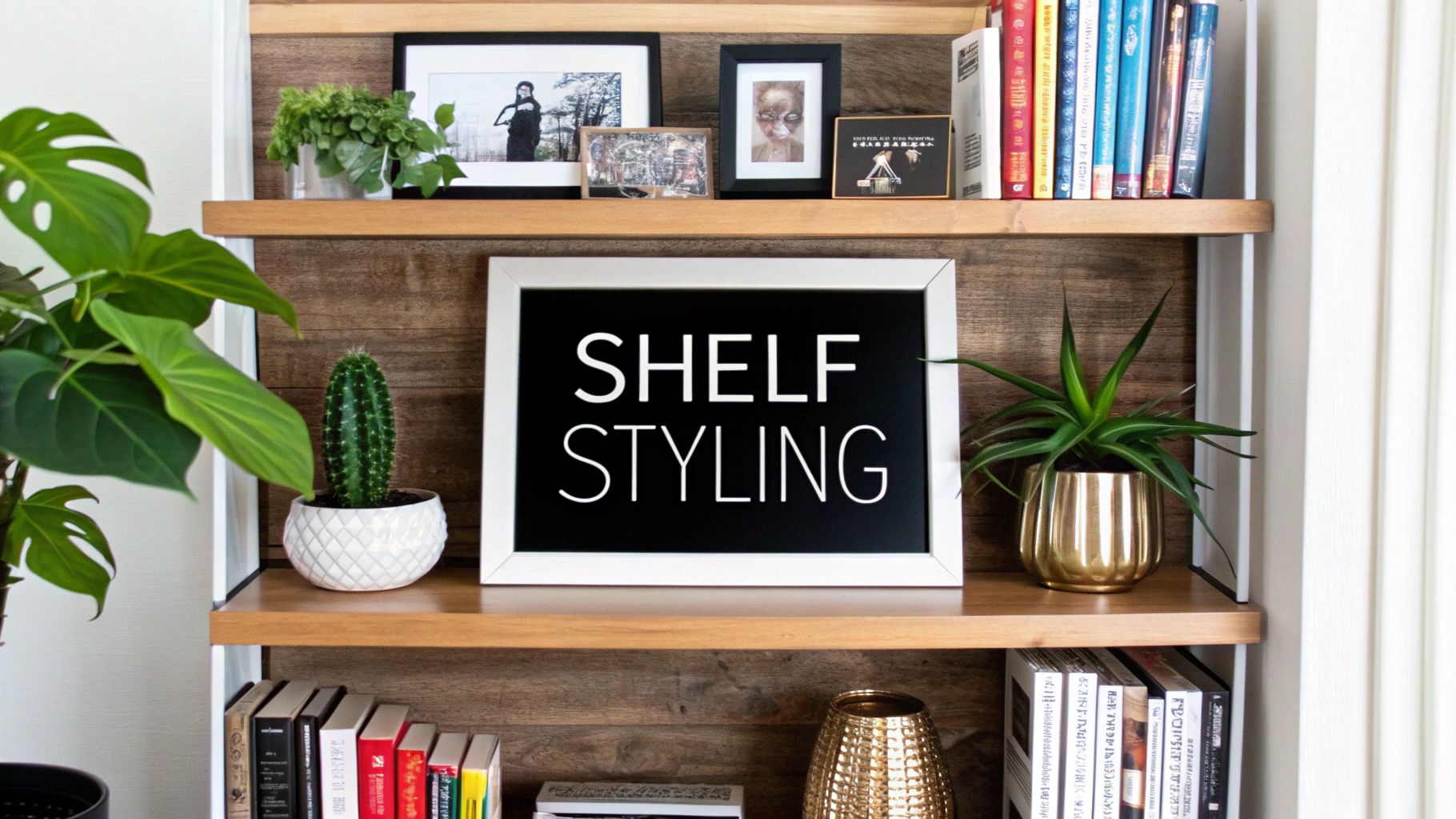 A beautifully styled bookcase that was once a closet, featuring a mix of books, plants, and decorative objects.