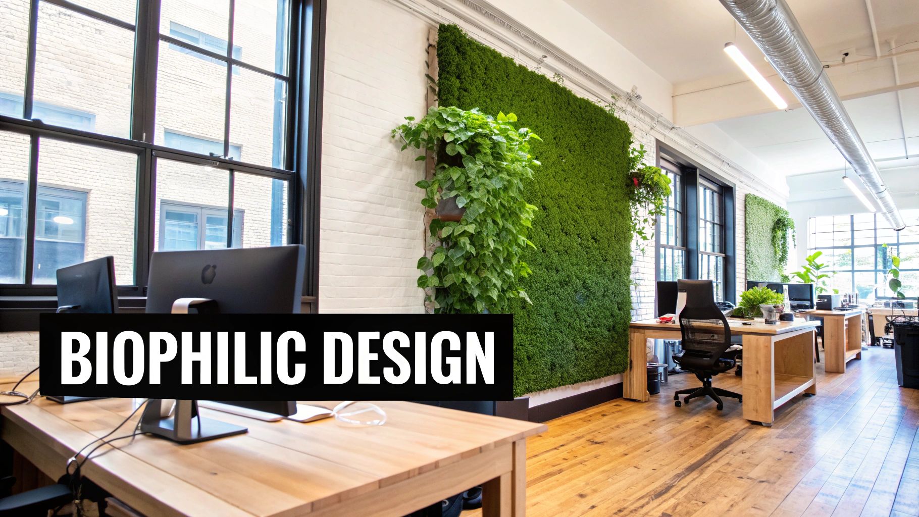 An open office space featuring biophilic design with large moss walls, hanging plants, and wooden desks.