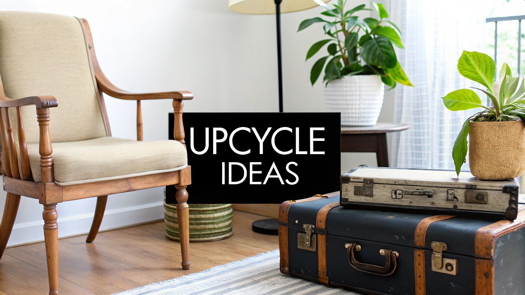 Vintage armchair, potted plants, and stacked suitcases in a room with 'UPCYCLE IDEAS' text.