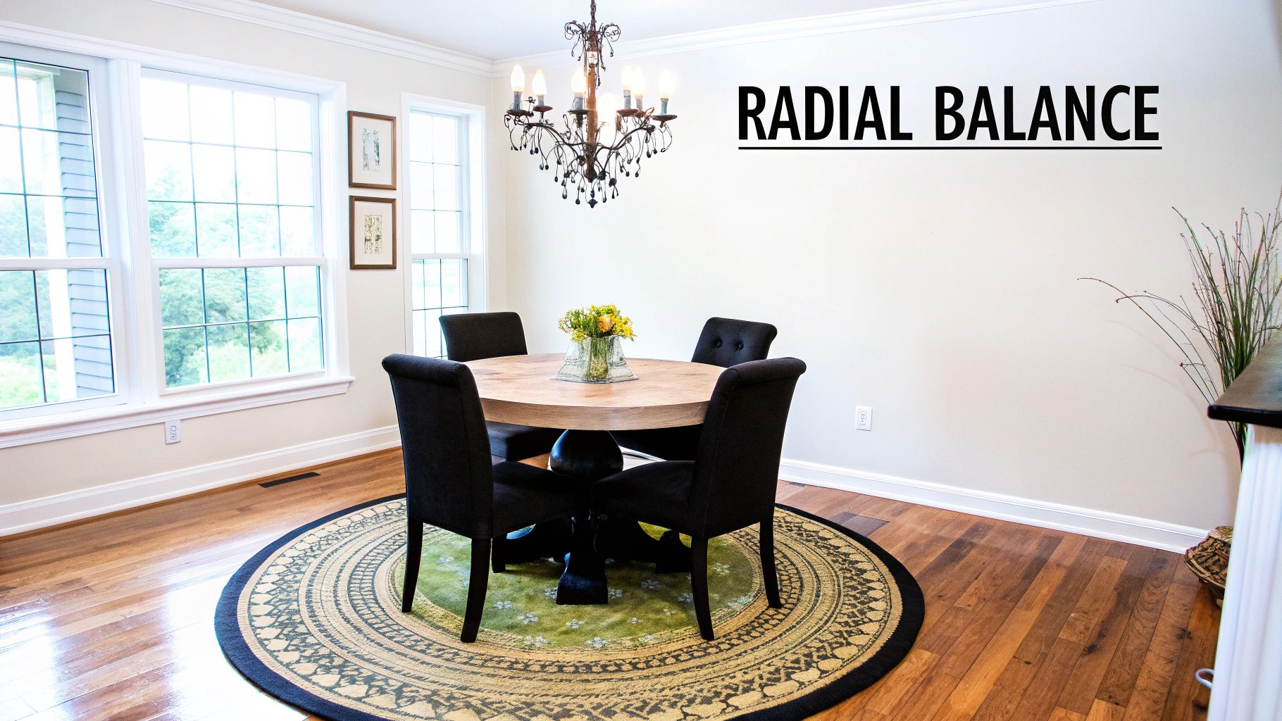 Elegant dining room showcasing radial balance with round table, chairs, and circular rug arrangement