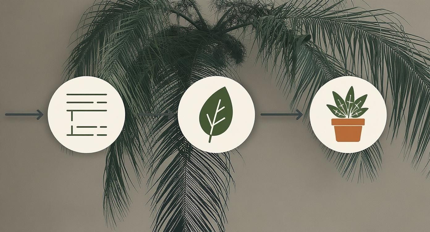 Three circular icons showing text list, leaf, and potted plant against palm fronds background