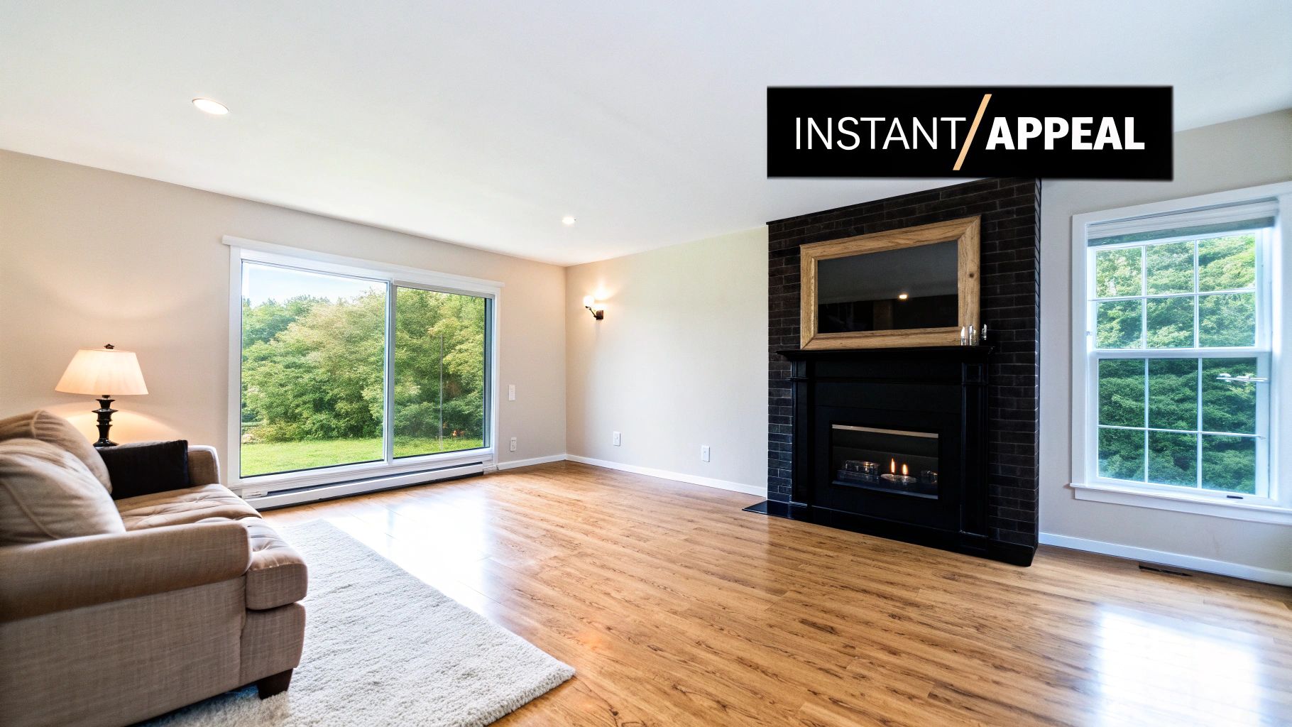 An empty living room staged with a sofa, a fireplace, and large windows revealing a lush green view.