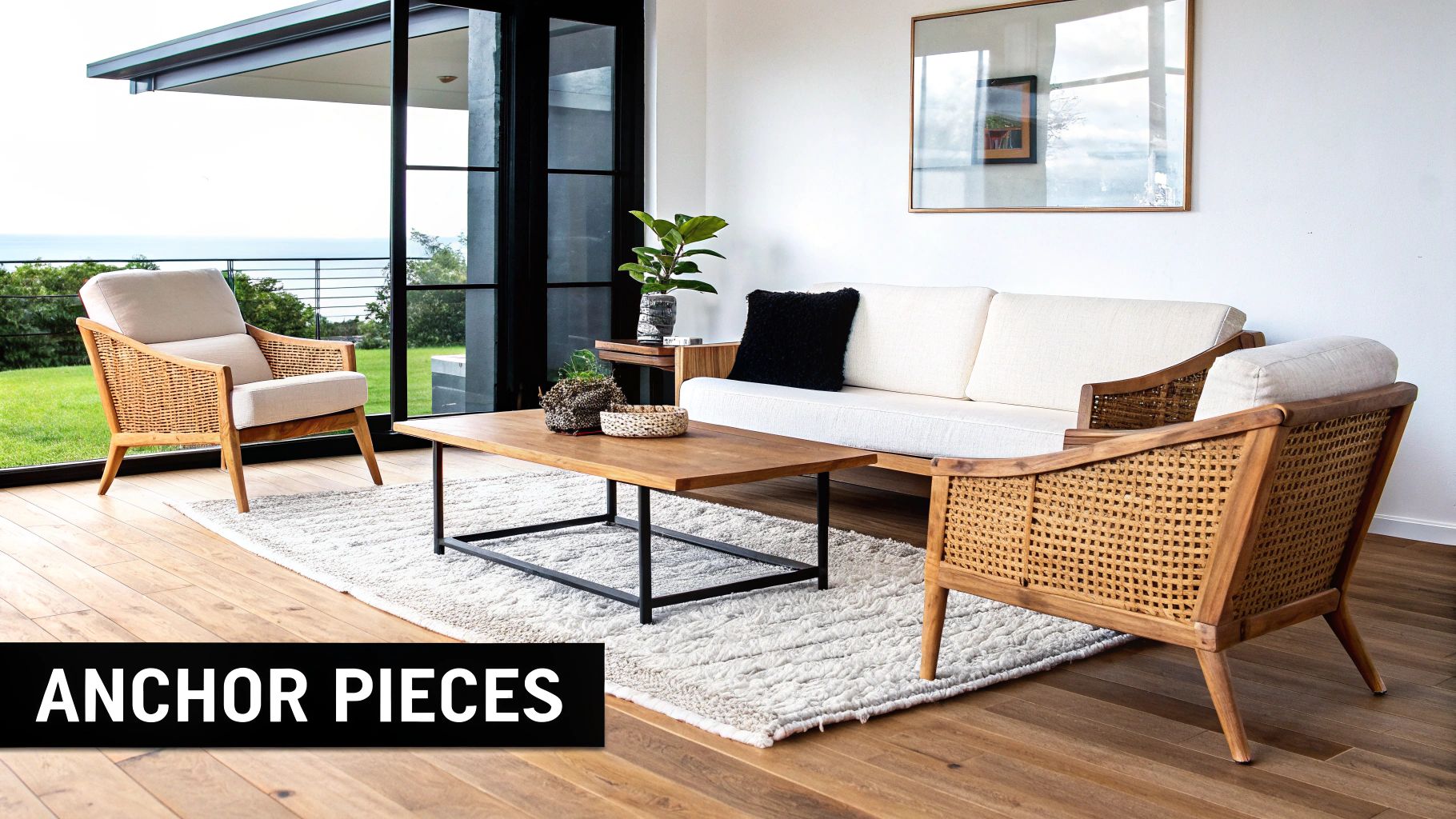 Modern coastal living room featuring woven rattan furniture, white sofa, and ocean view through black framed doors