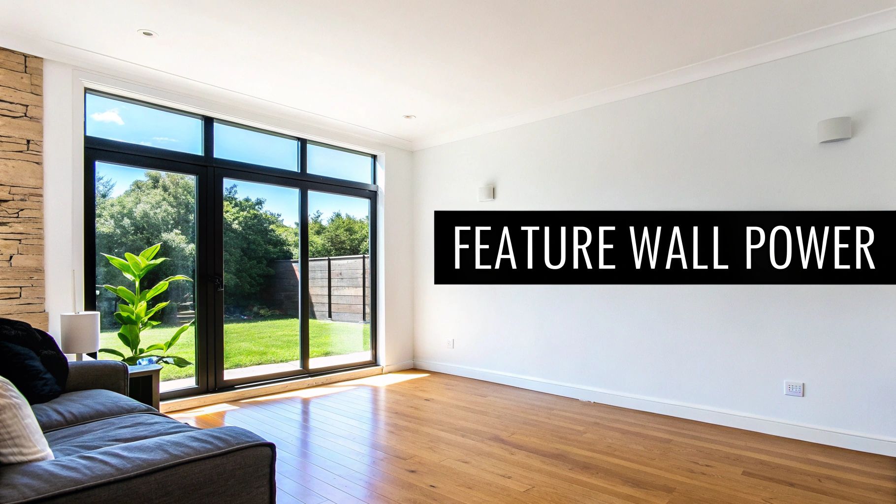 A bright, modern room with large windows, a wooden floor, and a white wall with 'FEATURE WALL POWER' text.