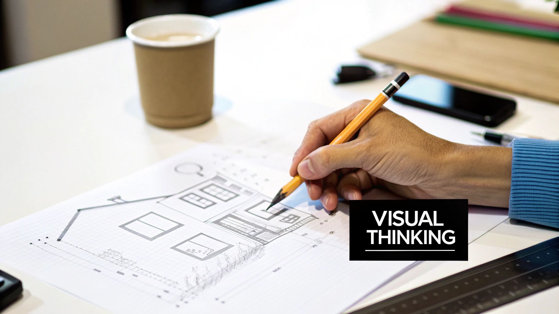 A person's hand sketches a house plan on graph paper with a pencil, illustrating visual thinking.